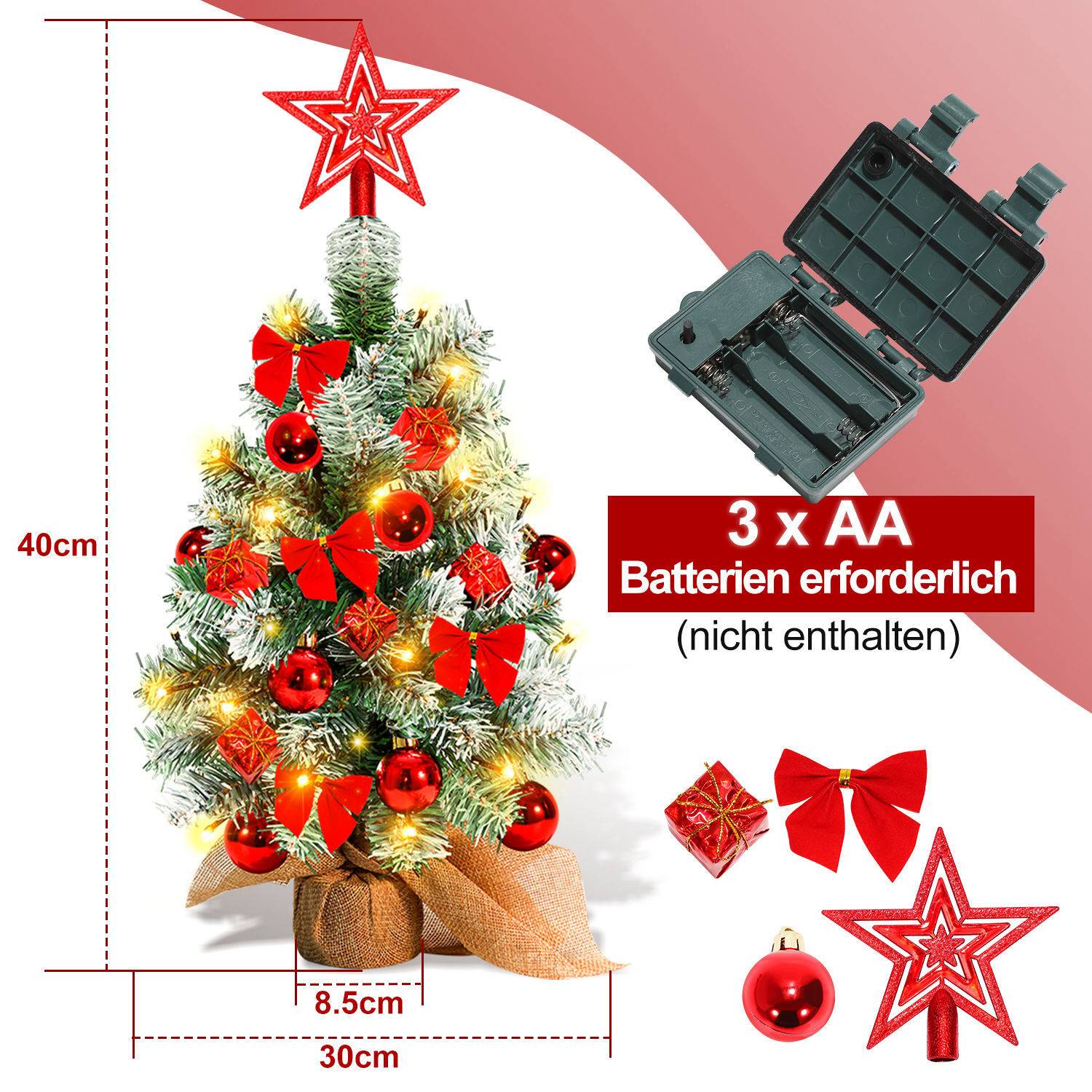 Mini Weihnachtsbaum 40 cm Rot künstlicher Tannenbaum mit 30 LED Batterielicht und Holzsockel für Weihnachten