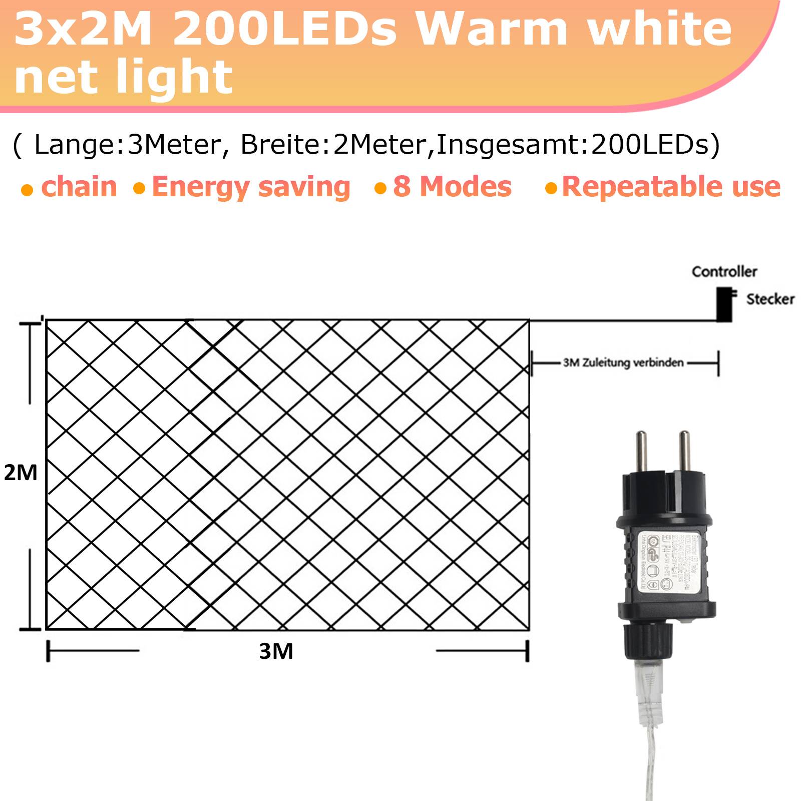 Produktbild einer 3m x 2m warmweißen LED-Netzleuchte mit 200 LEDs, 8 Modi, verbindbarem Kabel und Controller/Stecker, zusammen mit der Netzanordnung dargestellt.