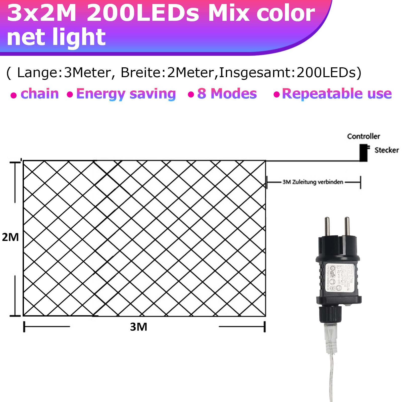 Produktdiagramm einer 3x2 Meter 200-LED-Netzleuchte in Multicolor, das zeigt: die Anordnung des Lichtnetzes, die Steuerung und Steckerverbindung sowie Funktionen wie 8 Modi und Energiesparen.