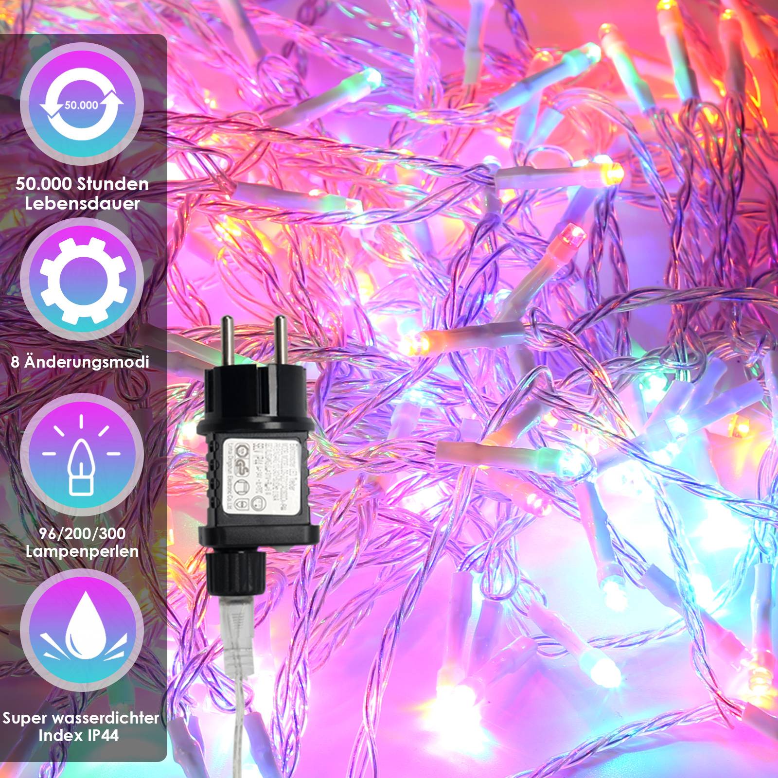 Wasserdichte LED-Feenlichterkette mit schwarzem Stromstecker; das Seitenpanel listet eine Lebensdauer von 50.000 Stunden, 8 Modi, 8/200/300 Lampen und IP44-Wasserbeständigkeit auf.