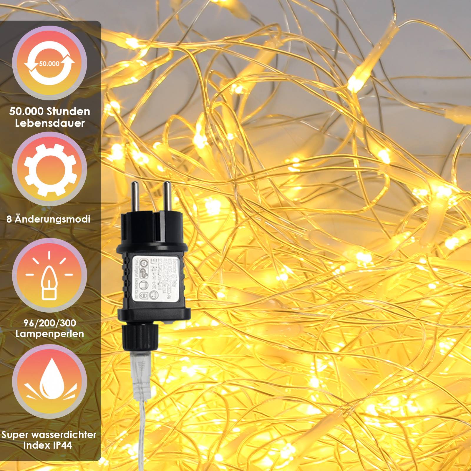 LED-Lichterketten mit Stecker und Inline-Regler; grafische Hervorhebung einer Lebensdauer von 50.000 Stunden, 8 Modi, 96/200/300 Birnen und IP44-Schutzart.