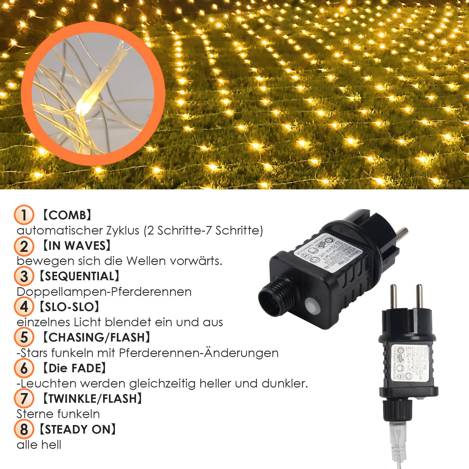 LED-Lichterketten-Regler mit acht Modi: Kamm, Wellen, Sequenz, Langsam, Verfolgung/Blitz, Überblendung, Flimmern/Blitz und Dauerlicht.