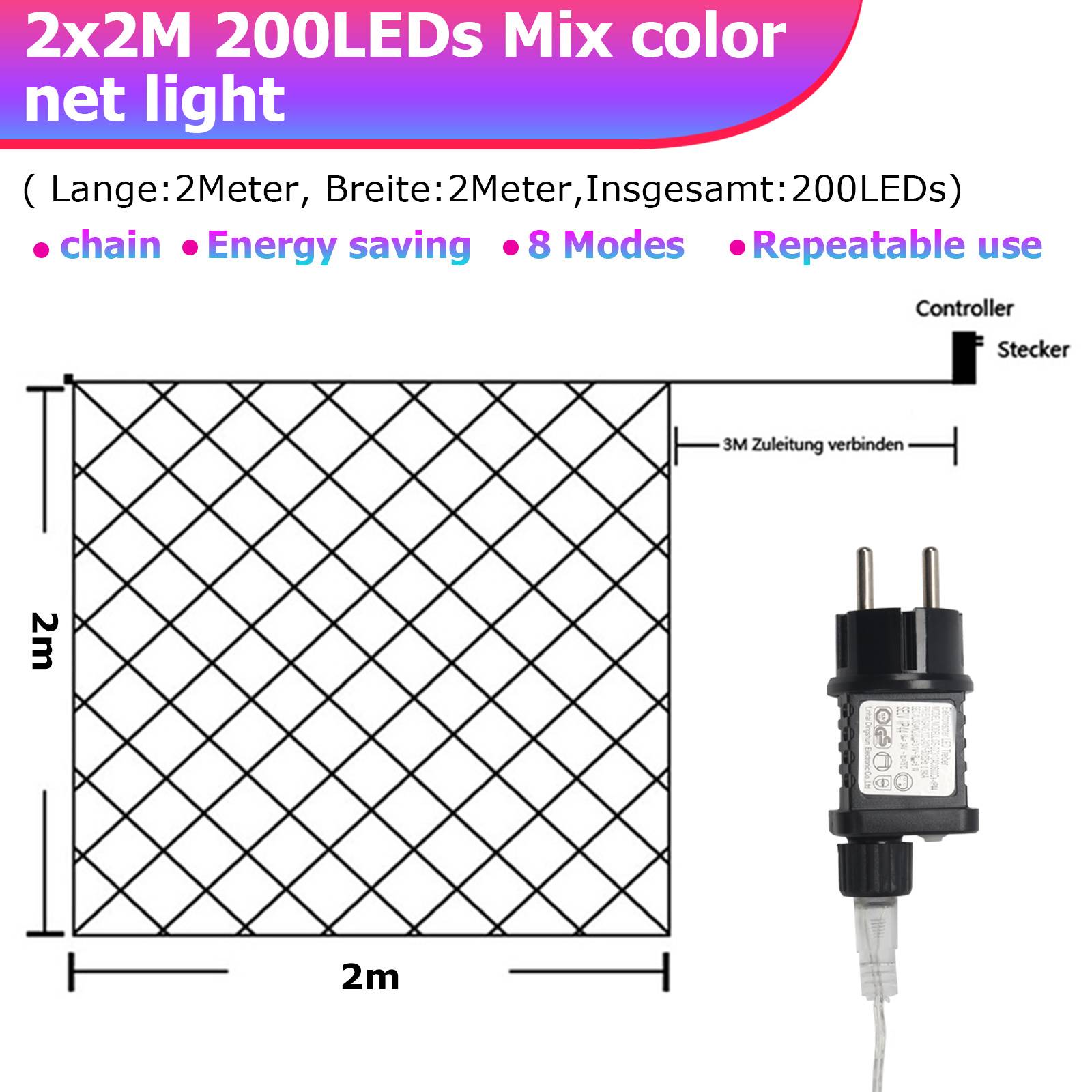 Diagramm einer 2 m x 2 m 200-LED Mehrfarben-Netzleuchte mit Steuergerät und Stecker, mit 3 m Verbindungskabel und 8 Modi.
