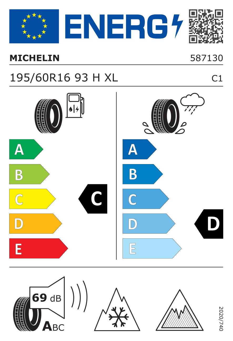 Michelin-Reifen EU-Energielabel für 195/60R16 93 H XL: Kraftstoffeffizienz C, Nasshaftung D, Außenlärm 69 dB, Winterreifen.