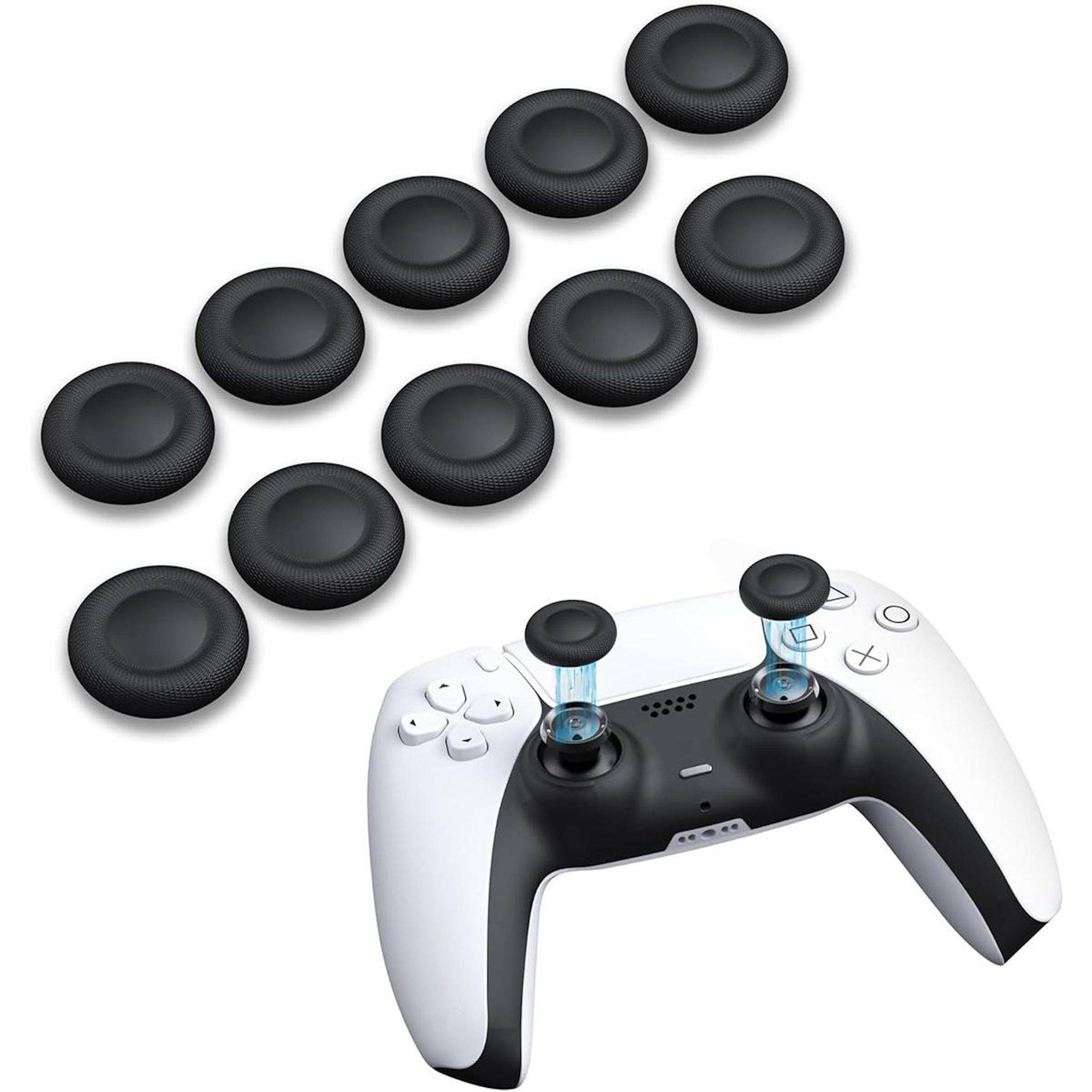 PlayStation-ähnlicher Controller mit mehreren austauschbaren schwarzen Thumbstick-Kappen, die darüber schweben und Ersatzgriffe/Zubehör für analoge Sticks zeigen.