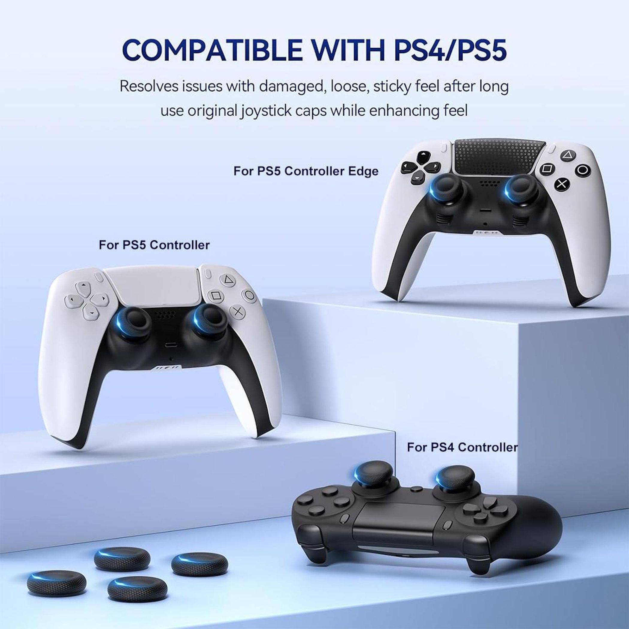 Werbegrafikzeigt austauschbare Joystick-Kappen, die mit PS4- und PS5-Controllern kompatibel sind, einschließlich PS5 Controller Edge, mit gekennzeichneten Controller-Abbildungen und locker angeordneten Kappen.