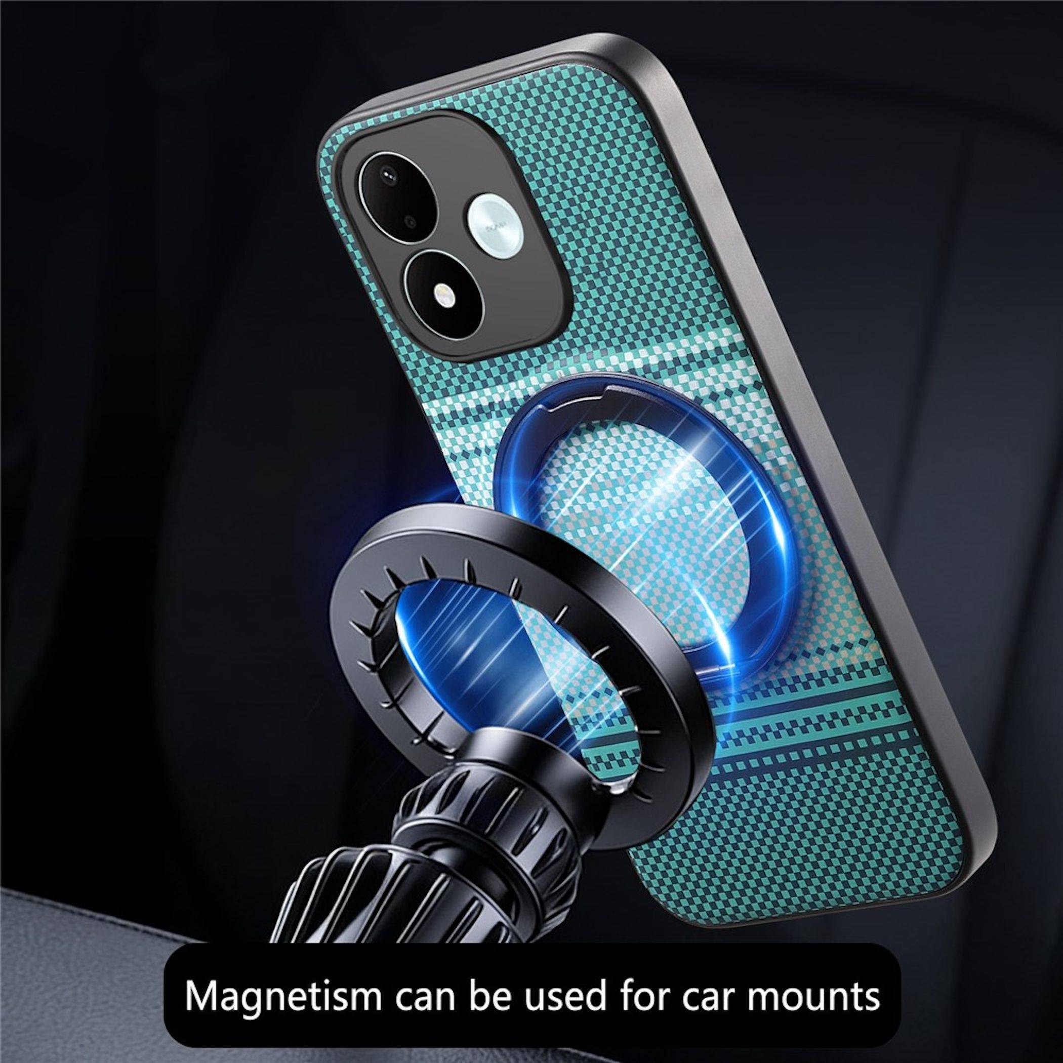 Handyhülle an einer Autohalteerung befestigt durch einen leuchtenden Magnetring, der zeigt, dass Magnetismus für Autohaltierungen verwendet werden kann.