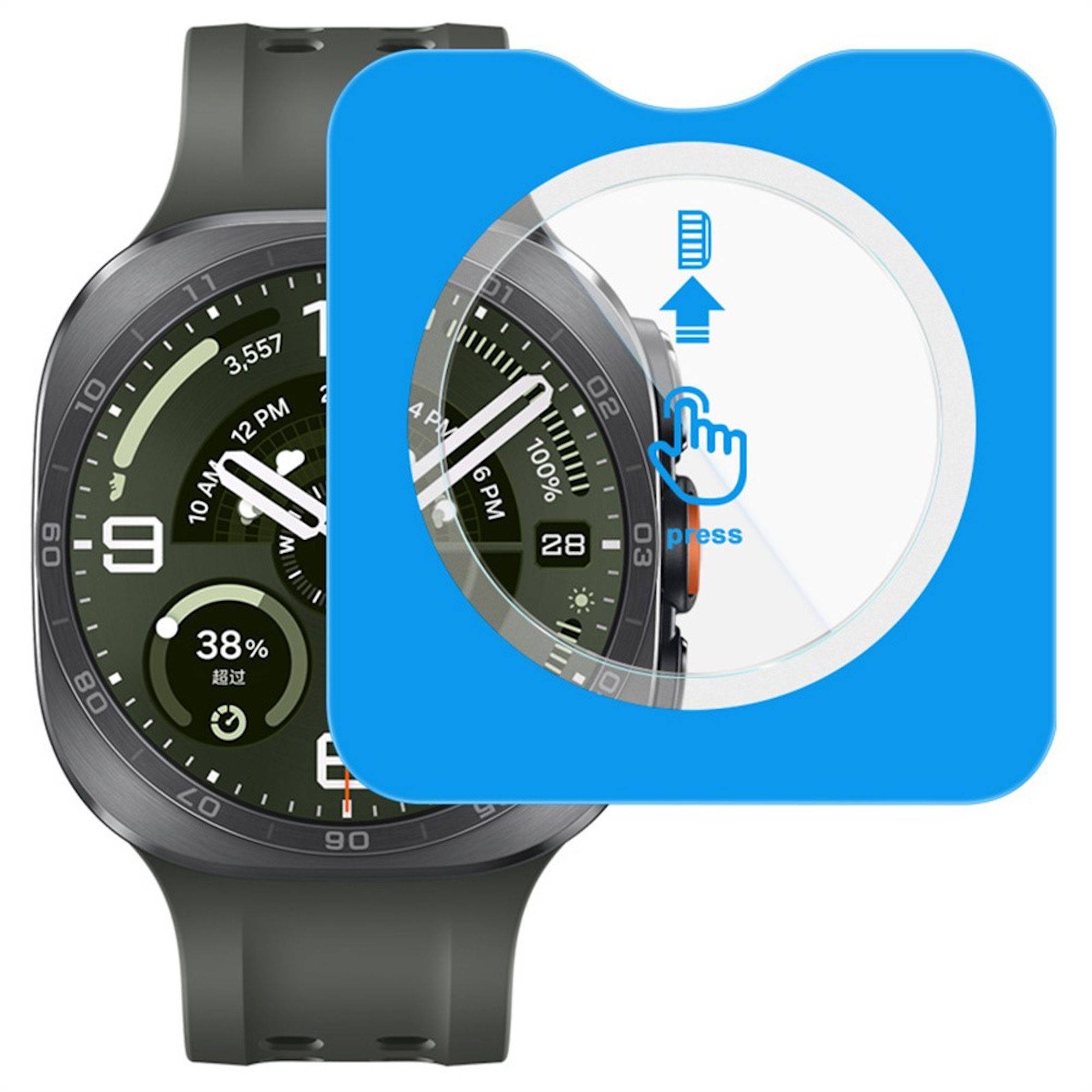 Smartwatch mit blauem Displayschutzfolien-Installationsleitfaden-Overlay, das zeigt, wie man die Folie auf dem Uhrengesicht ausrichtet und aufdrückt.