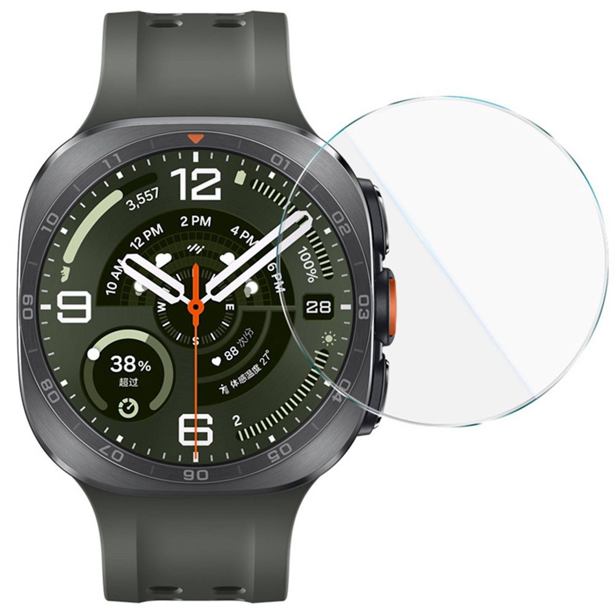 Schwarze Smartwatch mit grünem analog-digitalem Zifferblatt und orangefarbenem Sekundenzeiger, dargestellt mit abgelöstem, rissigem Displayschutz nach rechts.