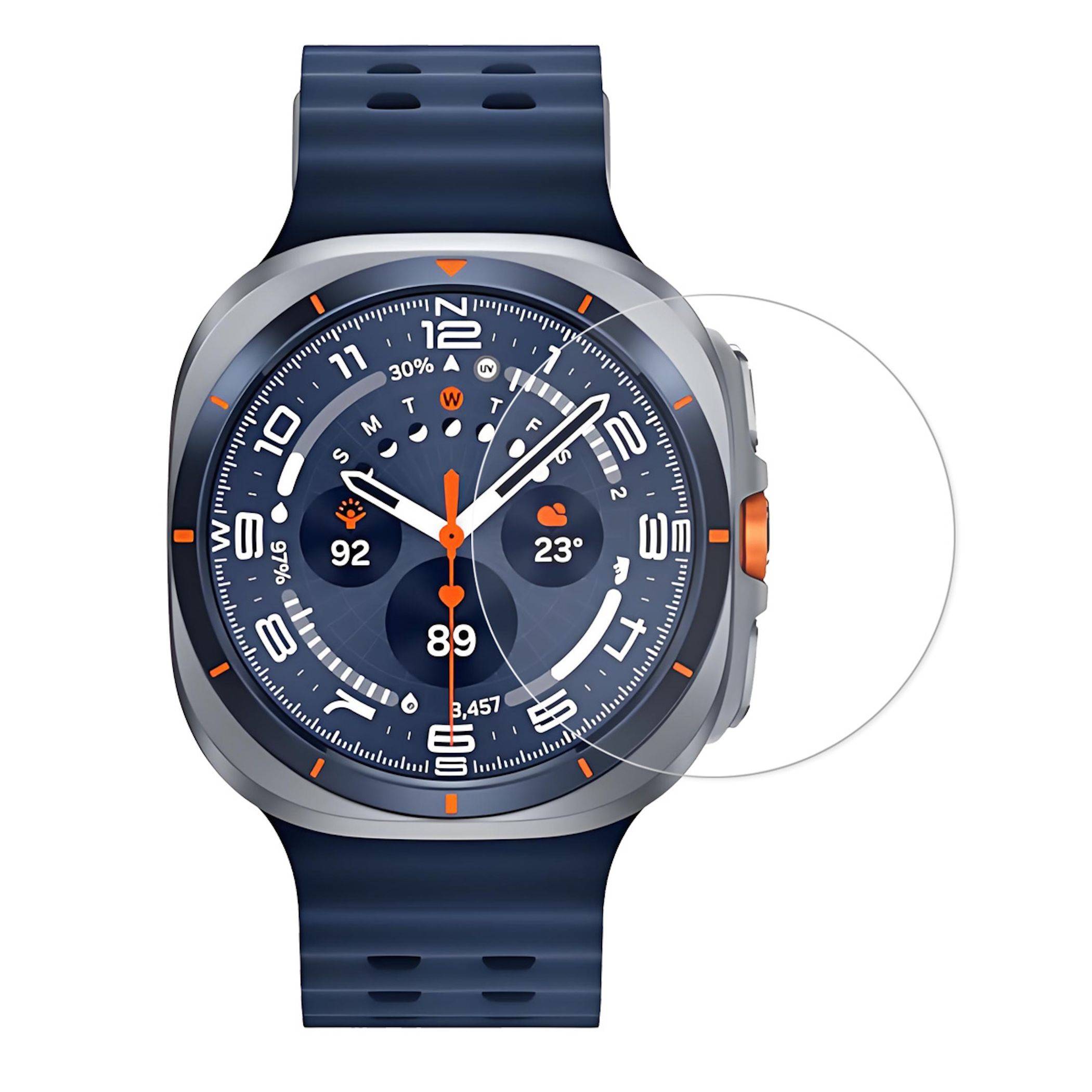 Smartwatch mit dunkelblauem Armband und analog aussehendem Zifferblatt, das Gesundheitsdaten anzeigt, einschließlich Herzfrequenz 89 und Temperatur 23°.