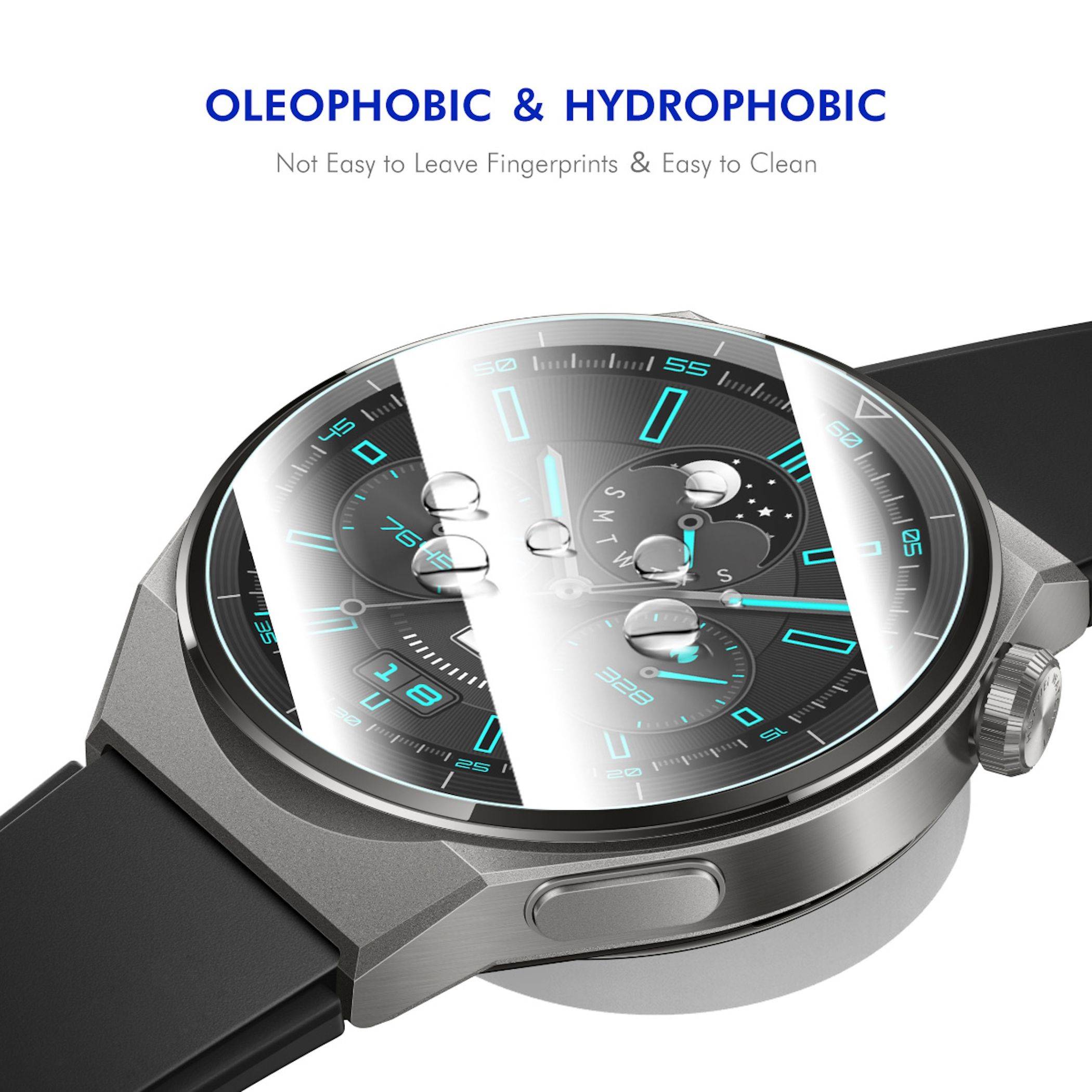 Smartwatch mit Wassertropfen auf dem Bildschirm, die die oleophobe und hydrophobe Beschichtung zeigt, die Fingerabdrücke abhält und leicht zu reinigen ist.