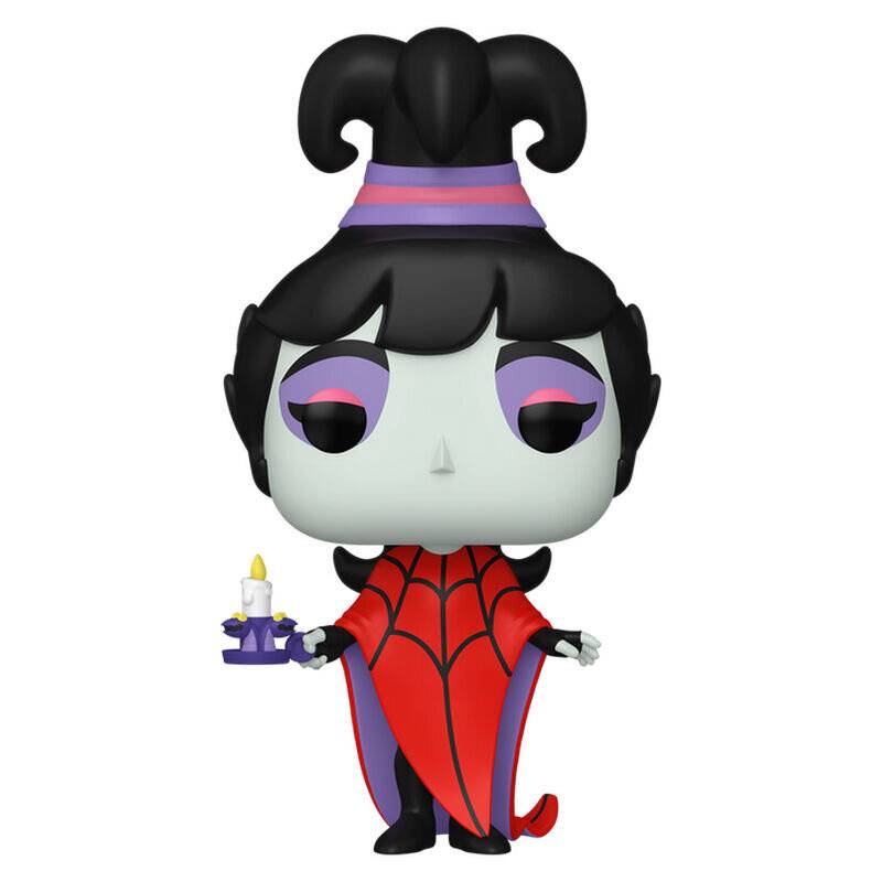 Eine stilisierte Vampirfrau-Figur in einem roten Spinnweben-Kleid und schwarzem Hochsteckfrisur, die eine kleine Kerze auf einem lila Ständer hält.