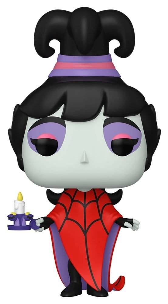 Stilisierte Cartoon-Figur einer bleichen Vampirfrau mit schwarzem Haar und einem rot-violetten Spinnennetz-Kleid, die eine Kerze auf einem Kandelaber hält.
