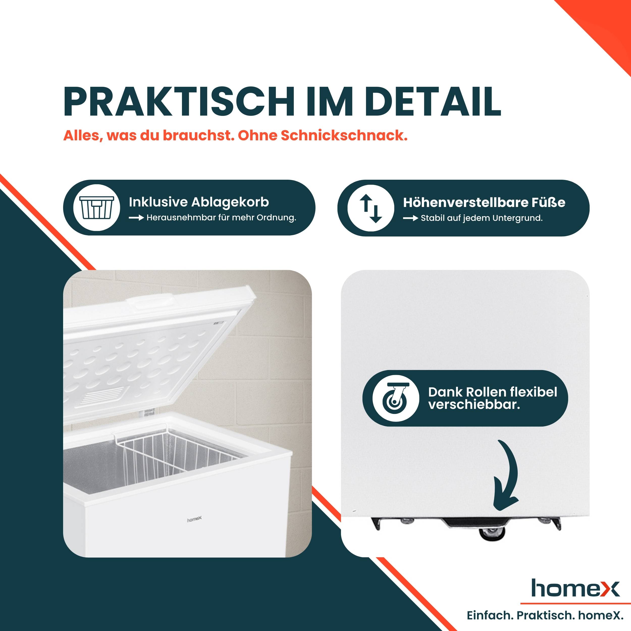 # Werbegrafik eines weißen Gefriertruhe mit den Hauptmerkmalen: Abnehmbarer Korb im Lieferumfang enthalten, höhenverstellbare Füße und flexible Lenkrollen; deutscher Text hebt die Praktikabilität hervor.
