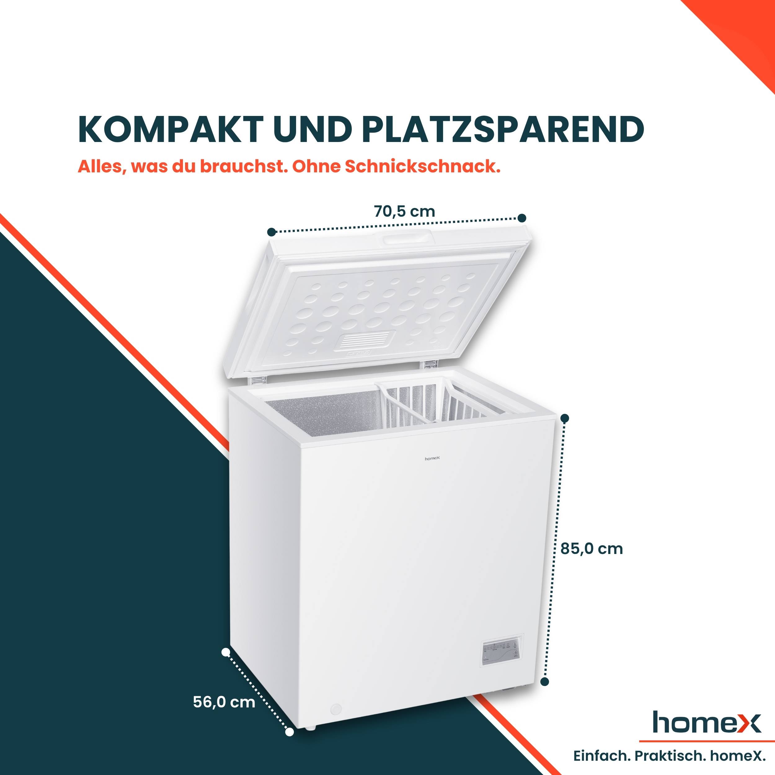 Kompakte weiße Gefriertruhe mit offenen Deckel, gekennzeichnet mit 70,5 cm Breite, 85,0 cm Höhe und 56,0 cm Tiefe, die ein platzsparendes Design fördert.