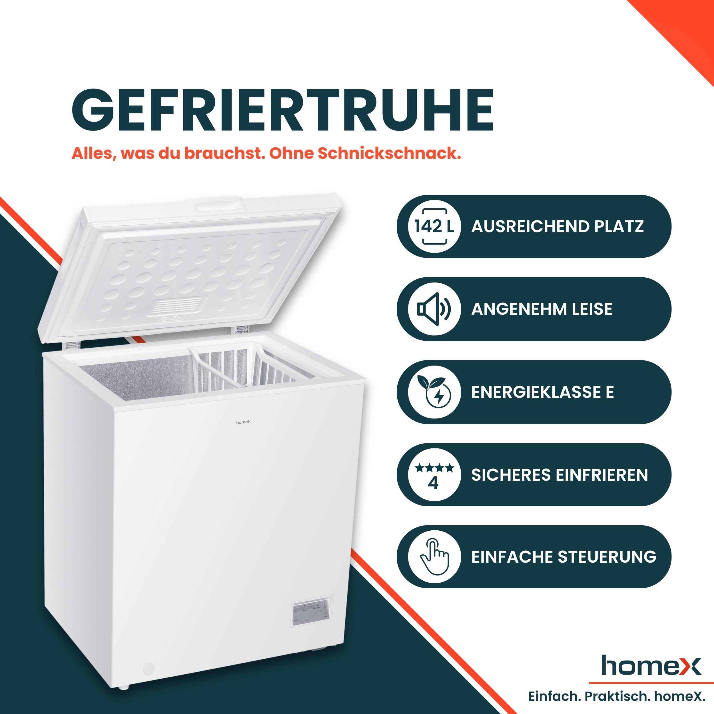 homeX FT1421-W Gefriertruhe, Tiefkühltruhe klein - 142 Liter Nutzinhalt, 4-Sterne Gefrieren, Kühltruhe, leise 38 dB