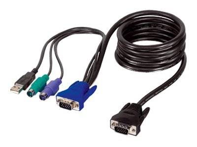 VGA-KVM-Kabel mit einem USB-Stecker und zwei PS/2-Anschlüssen an einem Ende und VGA-Anschlüssen an beiden Enden, aufgerolltes schwarzes Kabel auf weißem Hintergrund.