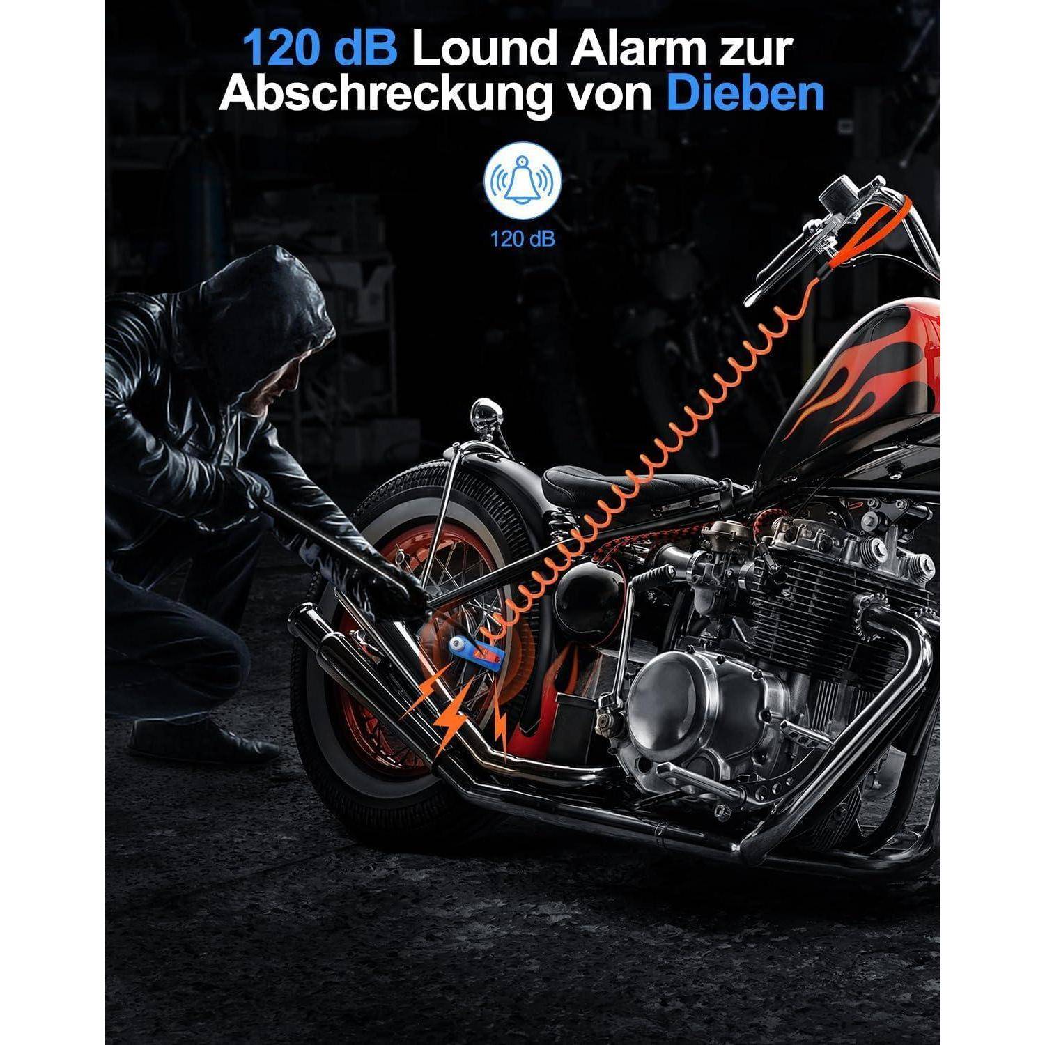 Werbegrafik eines vermummten Diebes, der mit einem Motorrad-Alarm manipuliert, mit einer 120-dB-Lautalarm zur Abschreckung von Dieben, mit deutschem Text „120 dB Laut-Alarm zur Abschreckung von Dieben