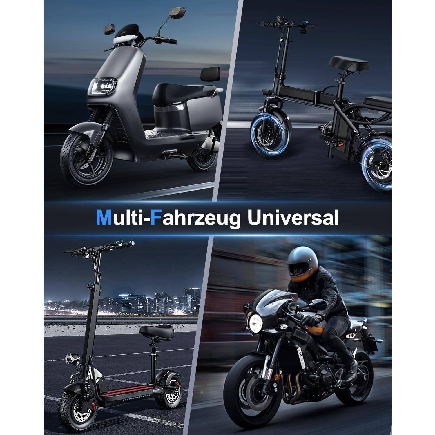 Werbekollage eines universellen Multi-Fahrzeug-Elektroscooters: Scooter-, Dreirad-Sitz-, Stand-up-Scooter- und Motorrad-Fahrbeispiele.