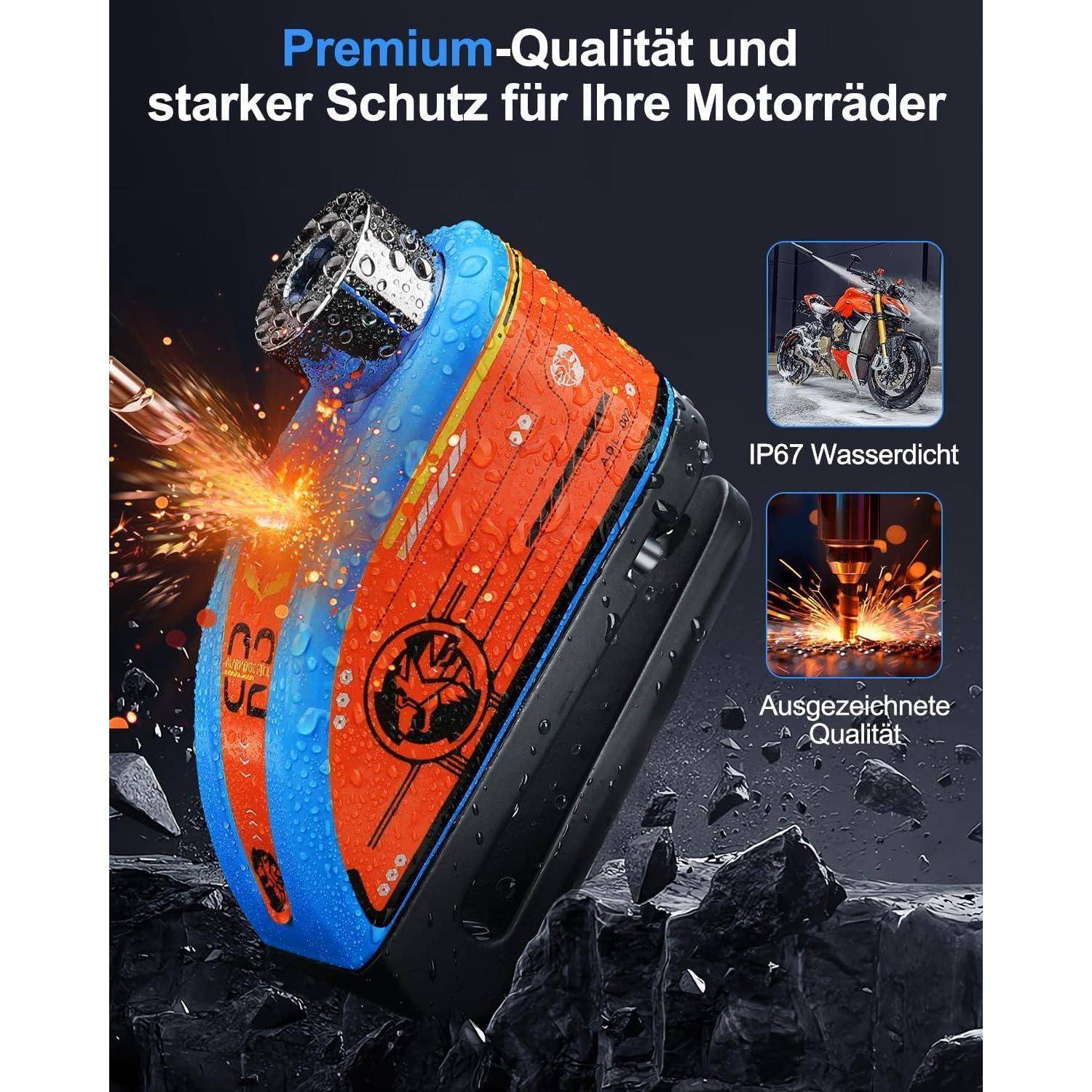 Werbebild eines Motorrad-Zubehörkoffers mit orange-blauem wasserdichtem Überzug, der Stoßfestigkeit und IP67-Wasserdichtheit zeigt, mit deutschem Text über Premium-Qualität und starken Schutz für Motorräder.