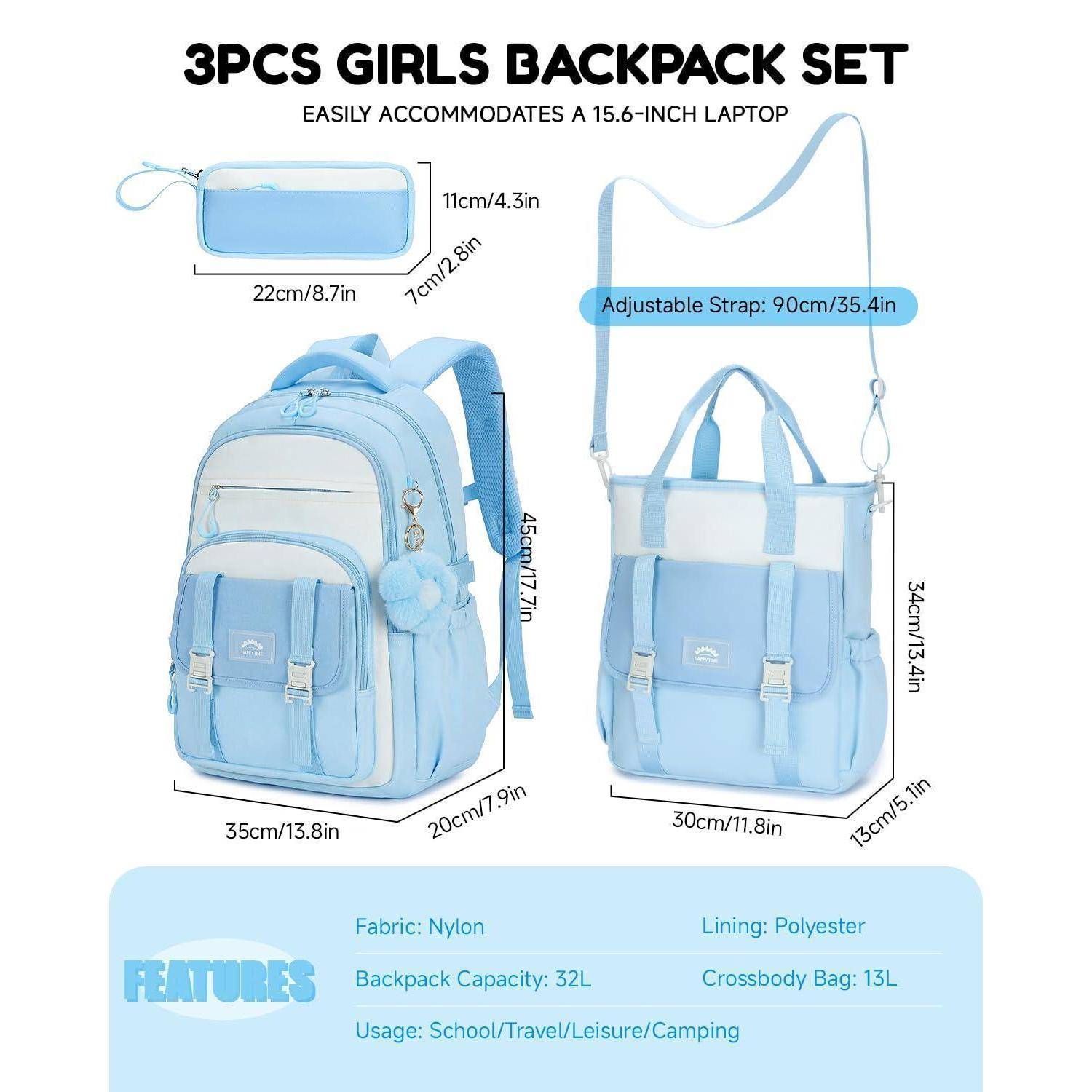 Anzeigenbild für ein 3-teiliges Mädchen-Rucksack-Set mit einem Rucksack, einer Umhängetasche und einem Federmäppchen mit Größenangaben, 32-Liter-Kapazität, verstellbarem Riemen und Laptop-Passform.