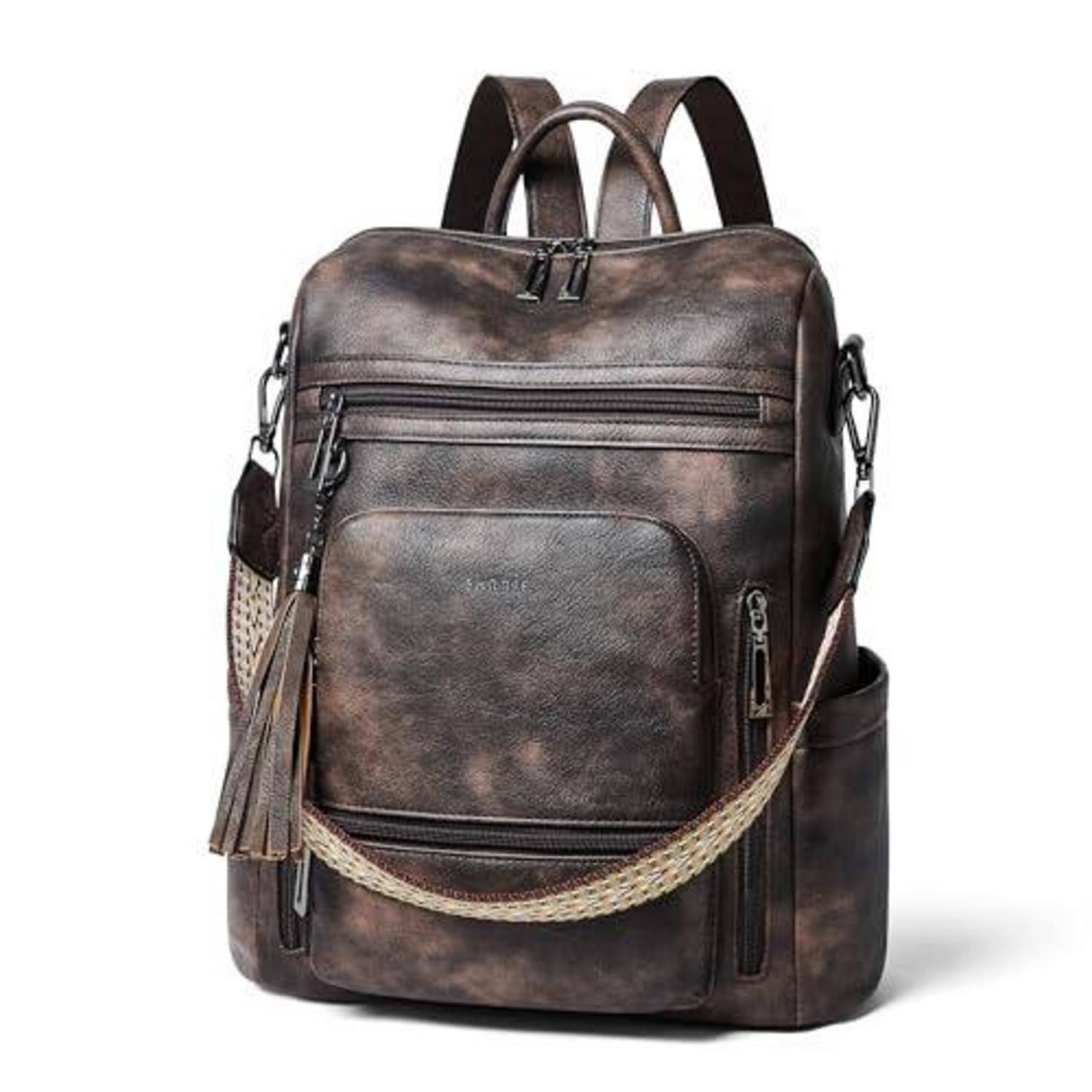 Brauner Lederrucksack mit vorderen Reißverschlusstaschen, Seitentaschen und einem gewebten Schultergurt
