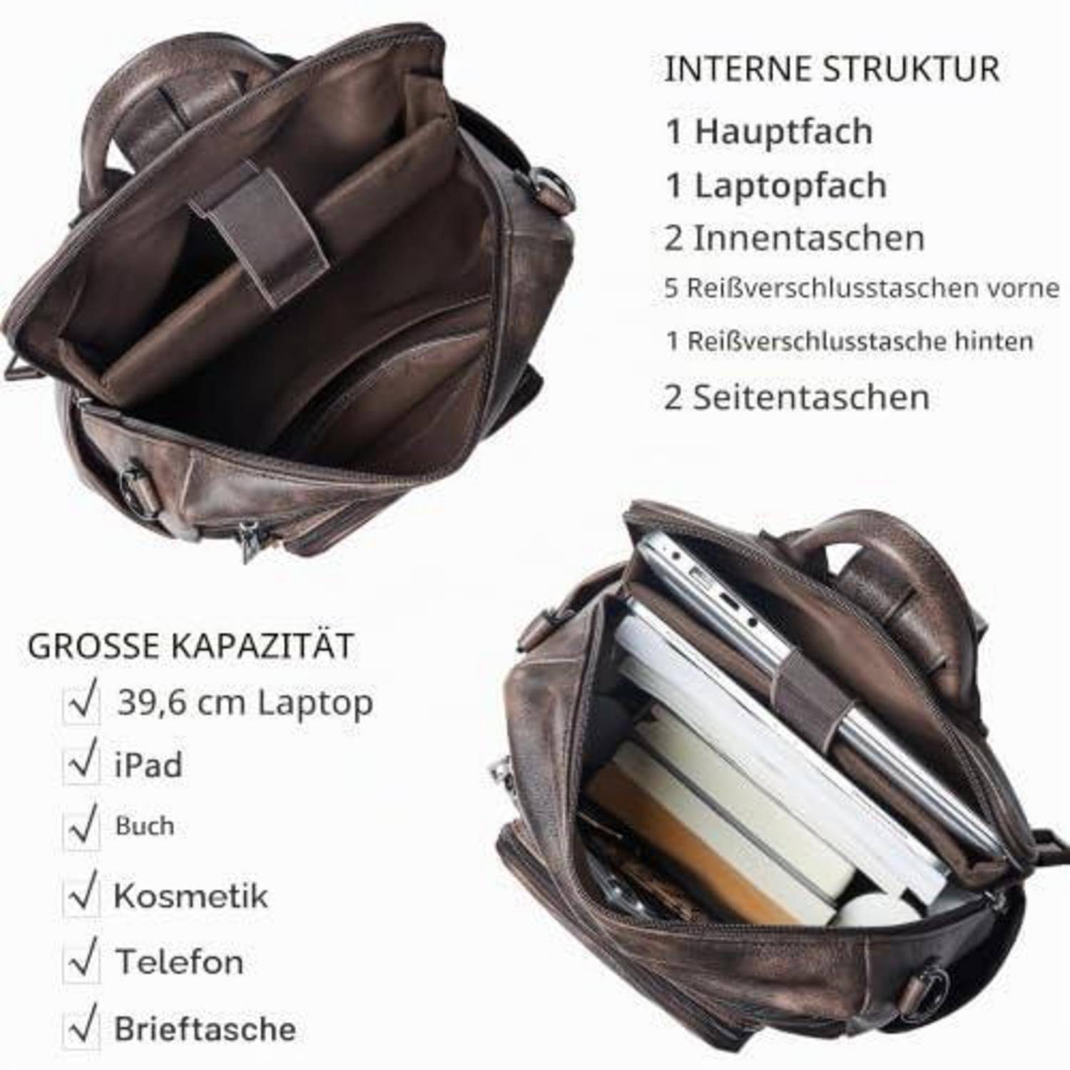 Lederrucksack geöffnet, um die Innenorganisation und große Kapazität hervorzuheben; Text listet 1 Hauptfach, 1 Laptopfach, 2 innere Taschen, 5 vordere Reißverschlusstaschen, 1 hintere Reißverschlusstasche, 2 Seitentaschen auf.