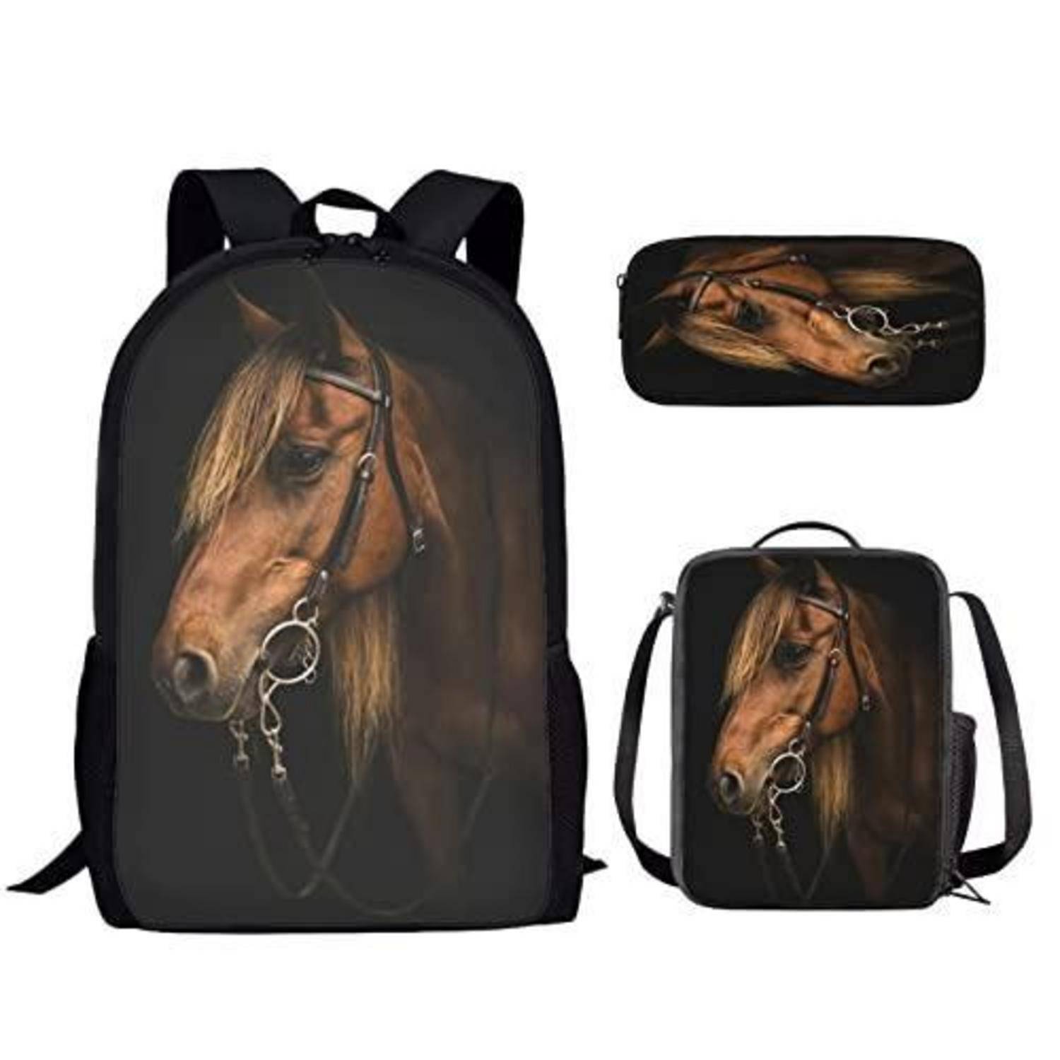 Rucksack, passende Lunchbox und Federtasche mit Pferdeportrait-Druck.