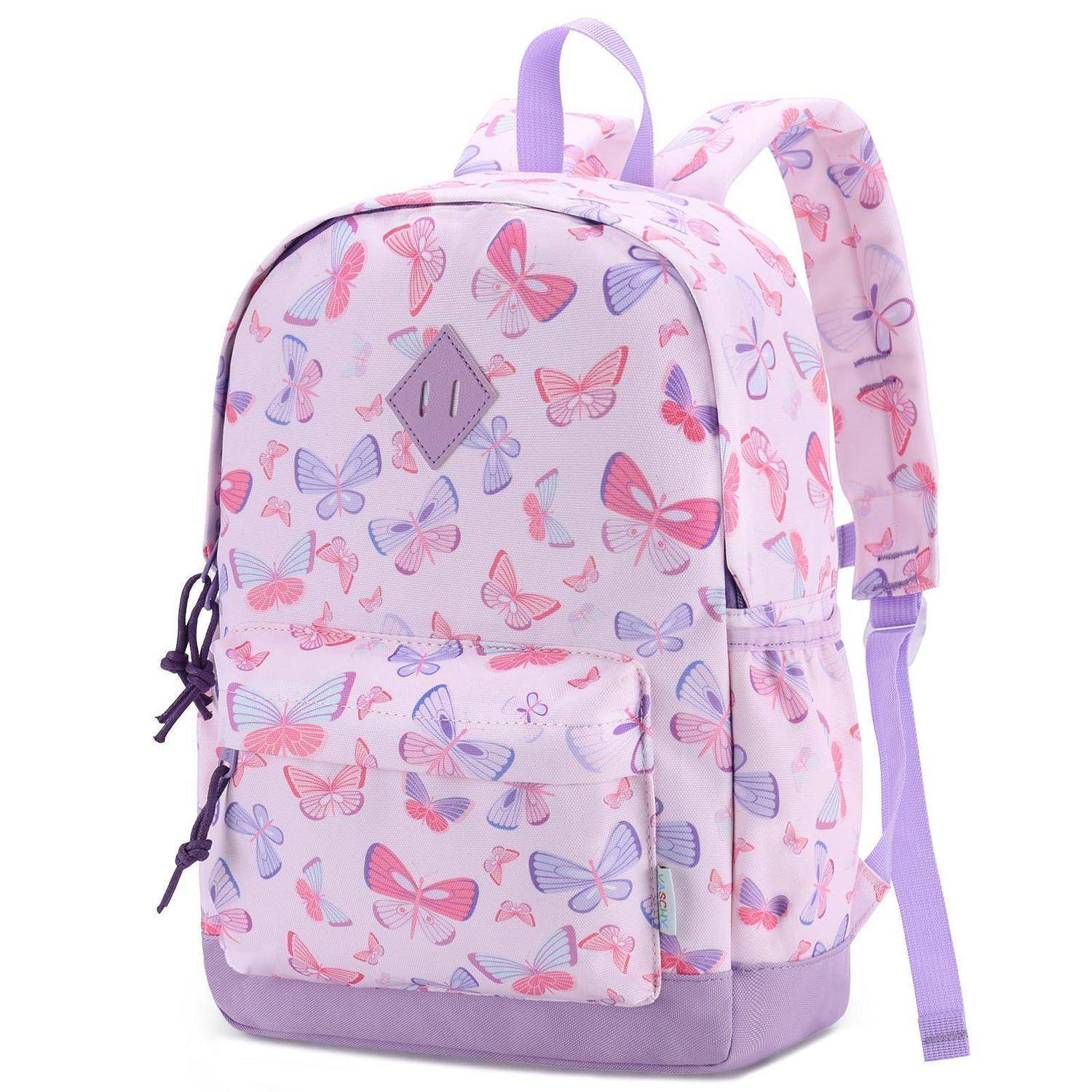 Rosa und lavendelfarbener Rucksack mit Schmetterlingsmuster, Vordertasche, Tragegriff und verstellbaren Schultergurten auf weißem Hintergrund.