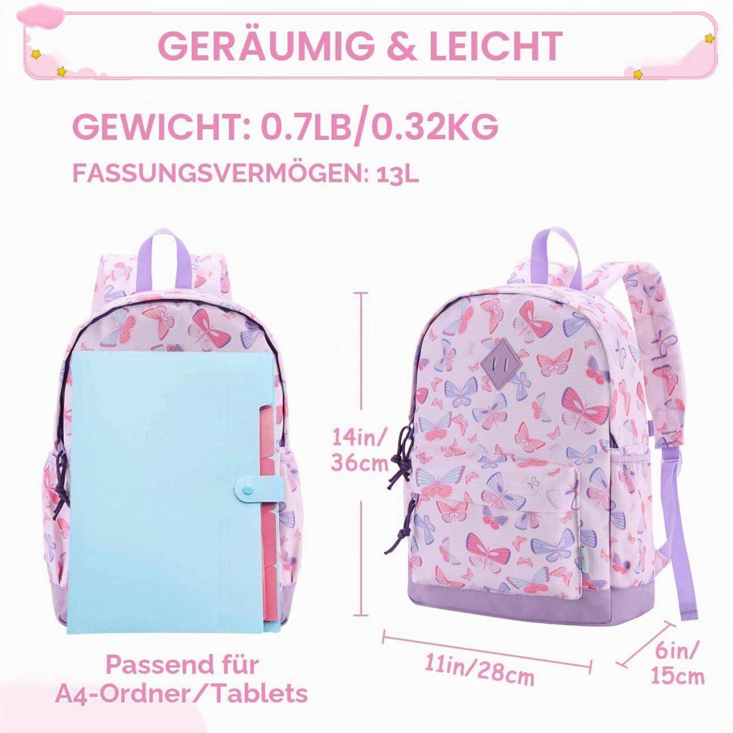 Werbeabbildung eines rosa Rucksacks mit Schmetterlingsmuster, von vorn und von der Seite gezeigt, mit den Abmessungen 14in/36cm x 11in/28cm x 6in/15cm, 13L Fassungsvermögen, 0,7lb/0,32kg Gewicht, passt für A4-Ordner/Tablets.