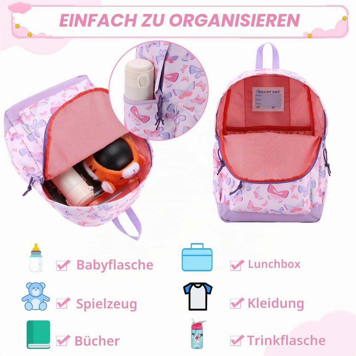 Rosa Rucksack-Organizer mit Schmetterlingsmuster und offenen Fächern, die Platz für Babyflasche, Lunchbox, Spielzeug, Kleidung, Bücher und Trinkflasche zeigen; Text besagt „EINFACH ZU ORGANISIEREN".