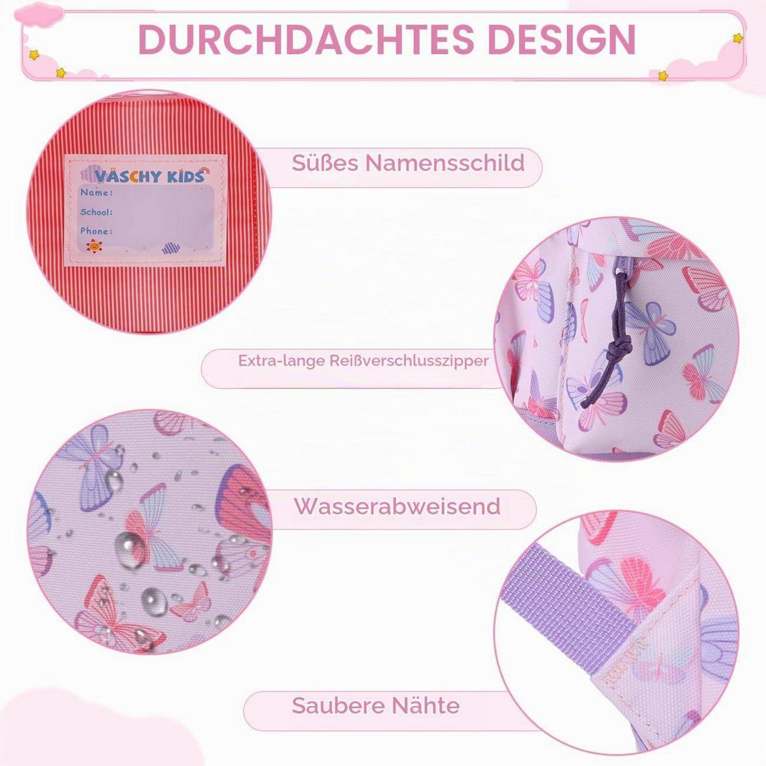 VASCHY Kinderrucksack Vorschule leicht wasserdicht Rosa Papillon Rose