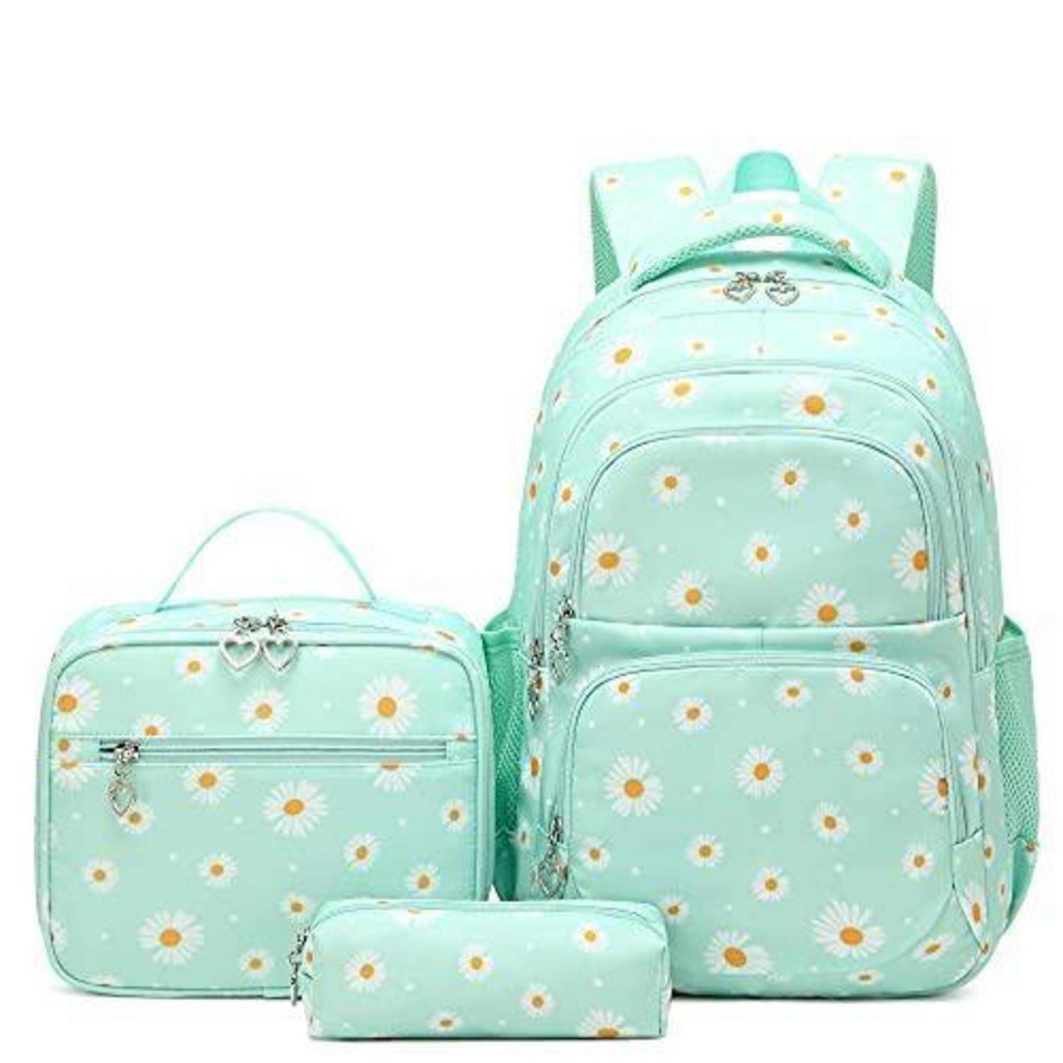 Mintgrünes Rucksack-Set mit Gänseblümchen-Muster, bestehend aus einem großen Rucksack, einer Lunchbox und einem Federmäppchen auf weißem Hintergrund.