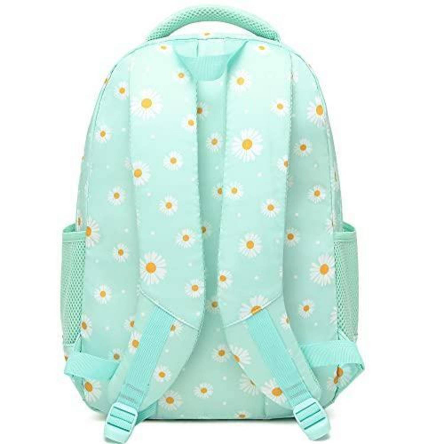 Mintgrüner Rucksack mit weißem Gänseblümchen-Druck, Vorderansicht, mit gepolsterten Schultergurten und Seitennetzfächern.