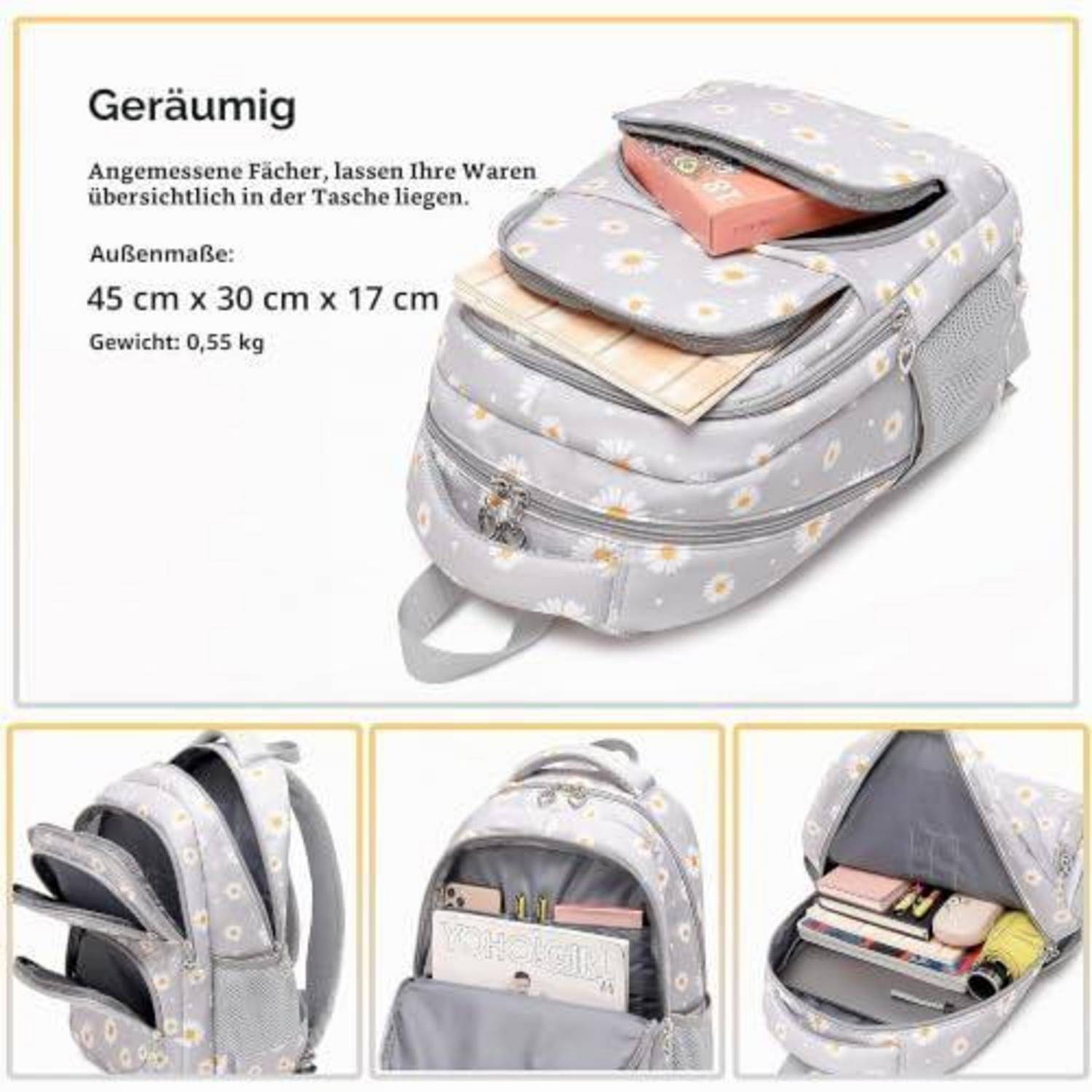 Produktanzeige für einen geräumigen grauen Blumenmuster-Rucksack mit mehreren Fächern, aufgeklappt zur Anzeige des Stauraums; Text vermerkt die Größe 45 cm x 30 cm x 17 cm und das Gewicht 0,55 kg.