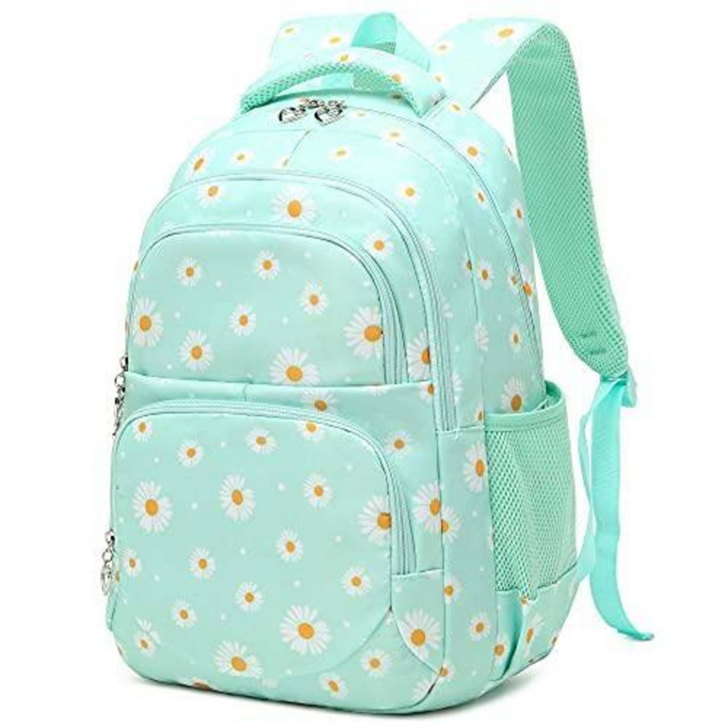 Minzgrüner Rucksack mit weißem Gänseblümchendruck, vordere Reißverschlusstasche, seitliche Netztasche und gepolsterte Schultergurte auf weißem Hintergrund