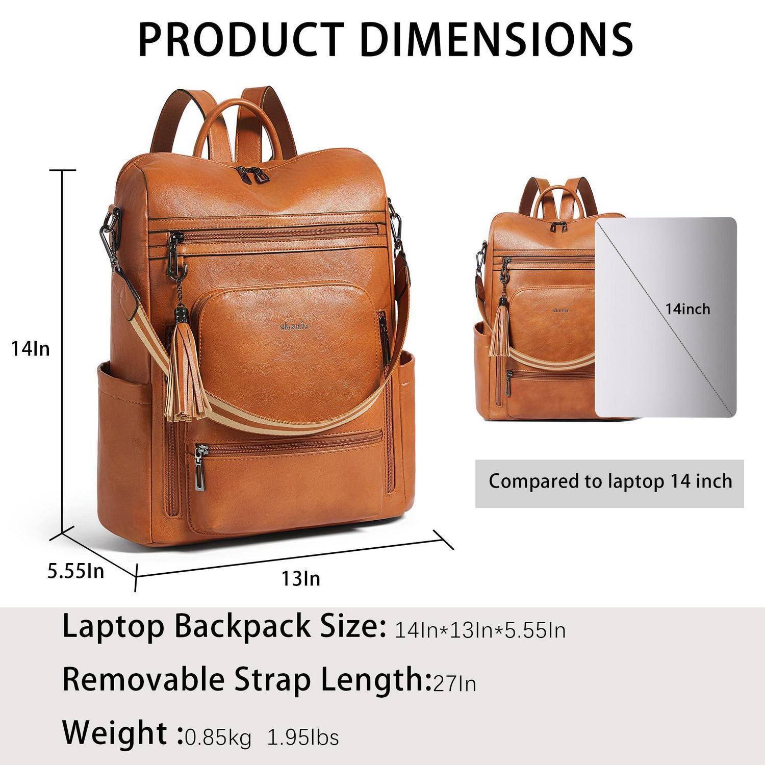 Produktdimensionen-Grafik für einen braunen Laptop-Rucksack: 14 Zoll hoch, 13 Zoll breit, 5,55 Zoll tief; passt für einen 14-Zoll-Laptop, abnehmbarer Riemen 27 Zoll, Gewicht 0,85 kg/1,95 Pfund.