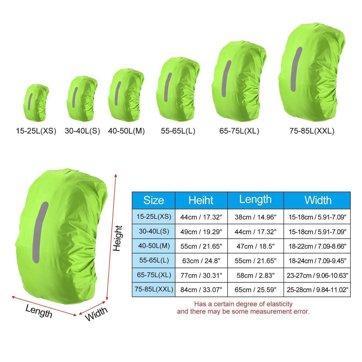 Größentabelle für eine grüne Rucksack-Regenhülle, die sechs Größen von 15-25L (XS) bis 75-85L (XXL) mit Höhen-, Längen- und Breitenmessungen zeigt.