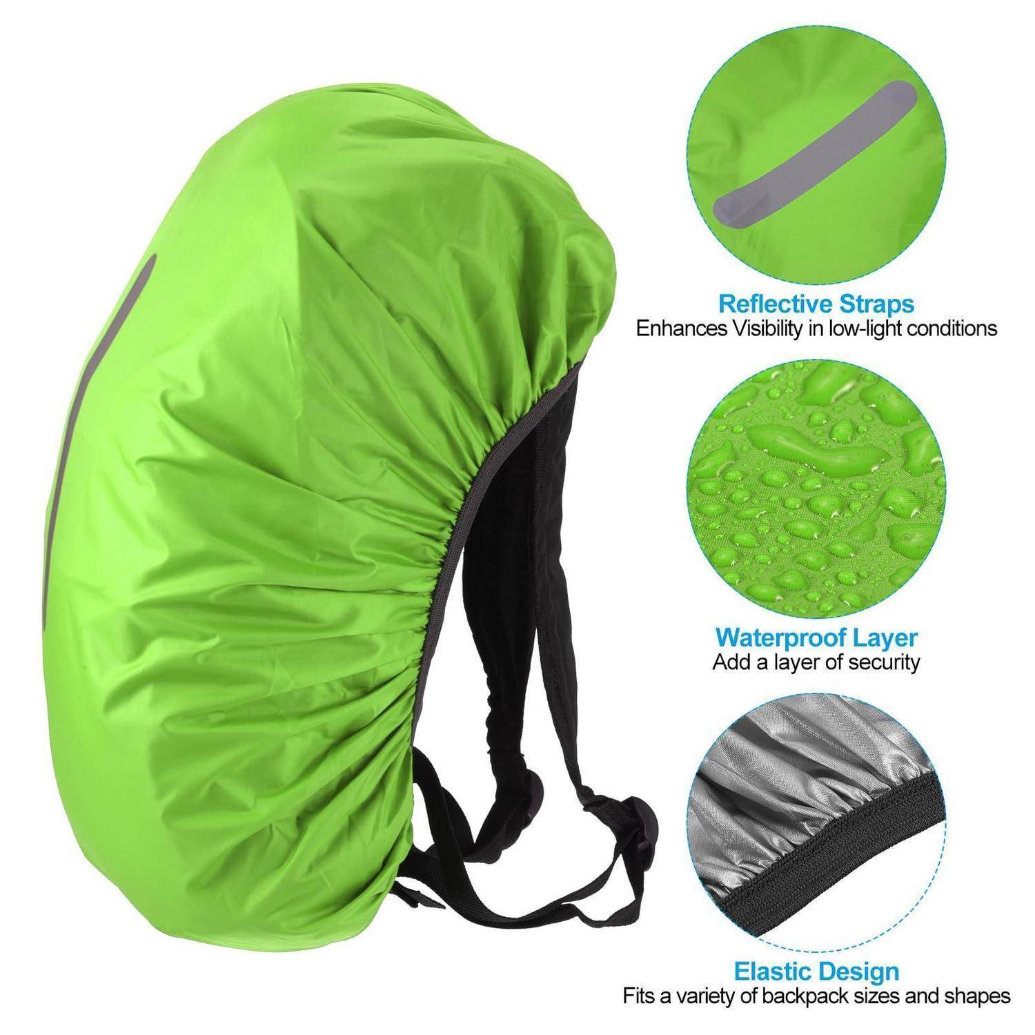 Grüne wasserdichte Rucksackabdeckung mit reflektierenden Riemen und elastischer Passform, dargestellt mit Detailbeschriftungen für Sichtbarkeit, Wasserdichtheit und verstellbare Größenanpassung.
