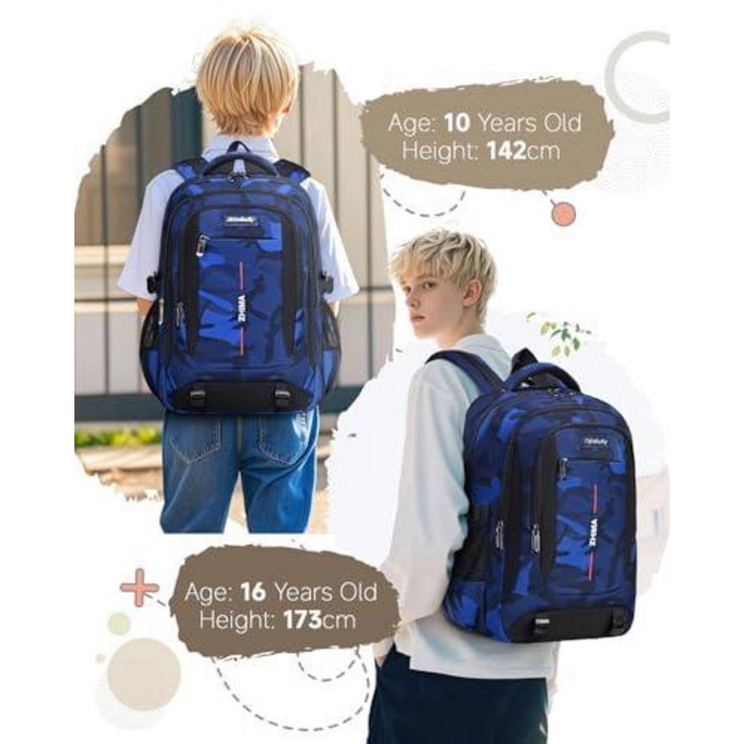 Werbebild mit einem Jungen, der einen blauen Rucksack trägt, mit Größenbeispielen für die Altersgruppen 10 und 16 Jahre sowie Höhen von 142 cm und 173 cm.