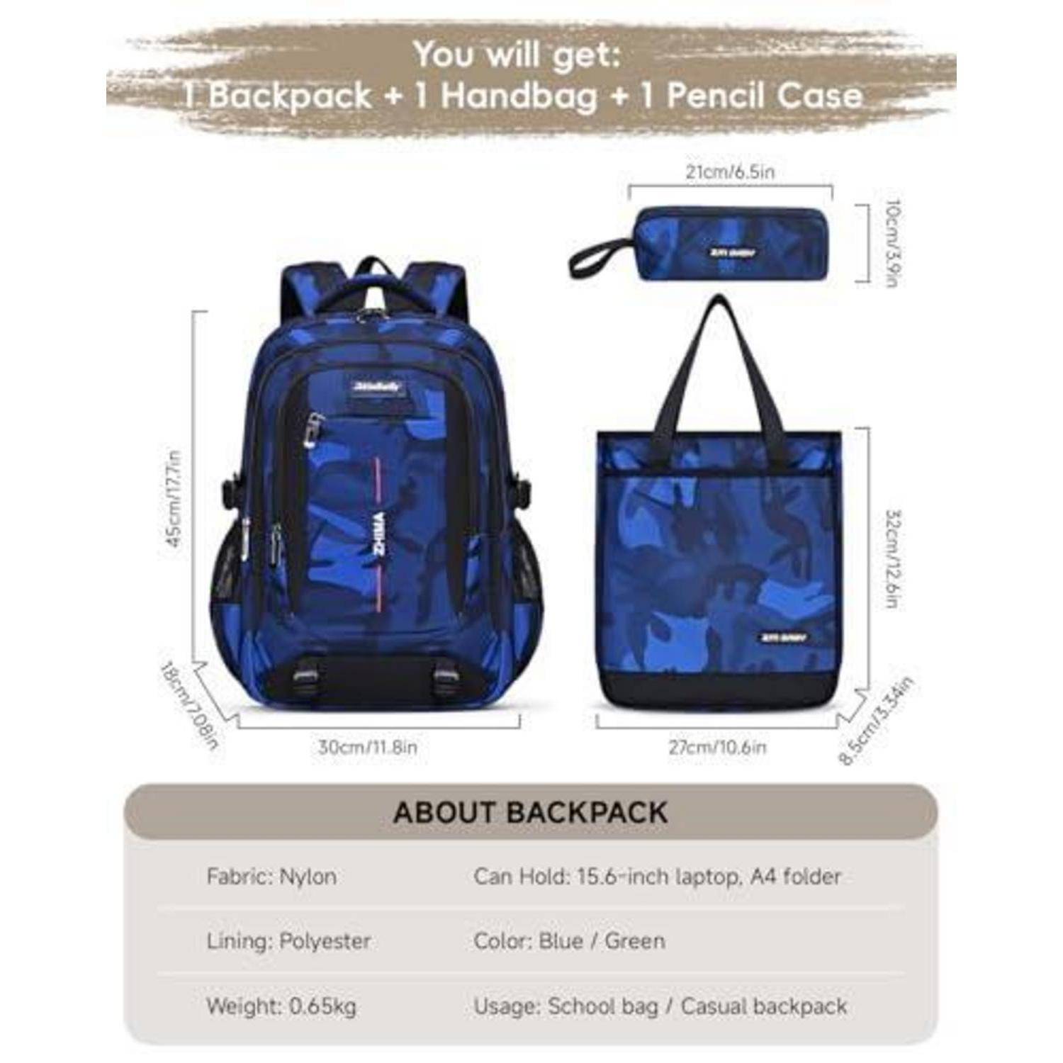 Produktbild, das ein Set mit blauem Camo-Rucksack zeigt: Rucksack, Tragetasche und Federmäppchen. Der Text beschreibt Größe, Materialien und die Verwendung für Schule oder alltägliche Trageweise.