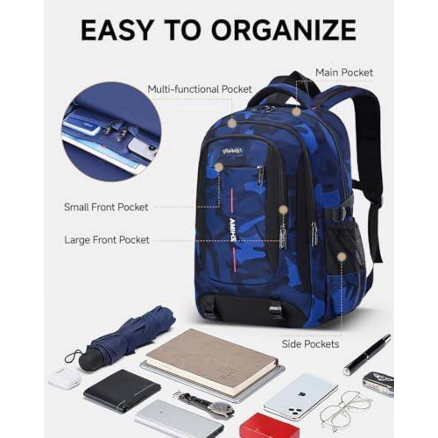 Blauer Rucksack mit gekennzeichneten Lagerbereichen: Hauptfach, multifunktionales Fach, kleine und große Frontfächer sowie Seitentaschen, mit gepackten Alltagsgegenständen unten.
