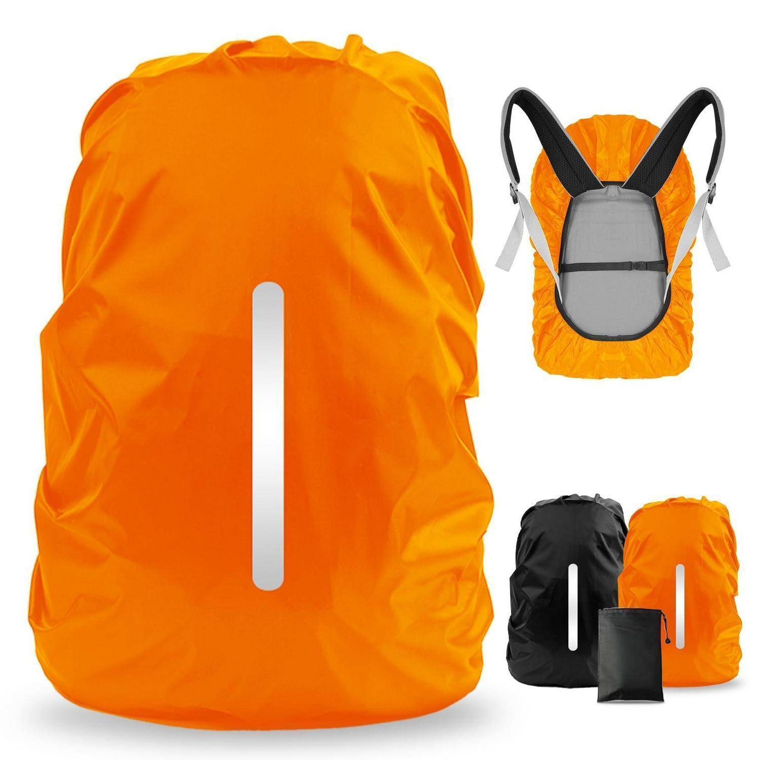 Orange Rucksackregenschutz mit reflektierendem Streifen, von vorne und hinten gezeigt, plus schwarze und orange gefaltete Aufbewahrungstasche.