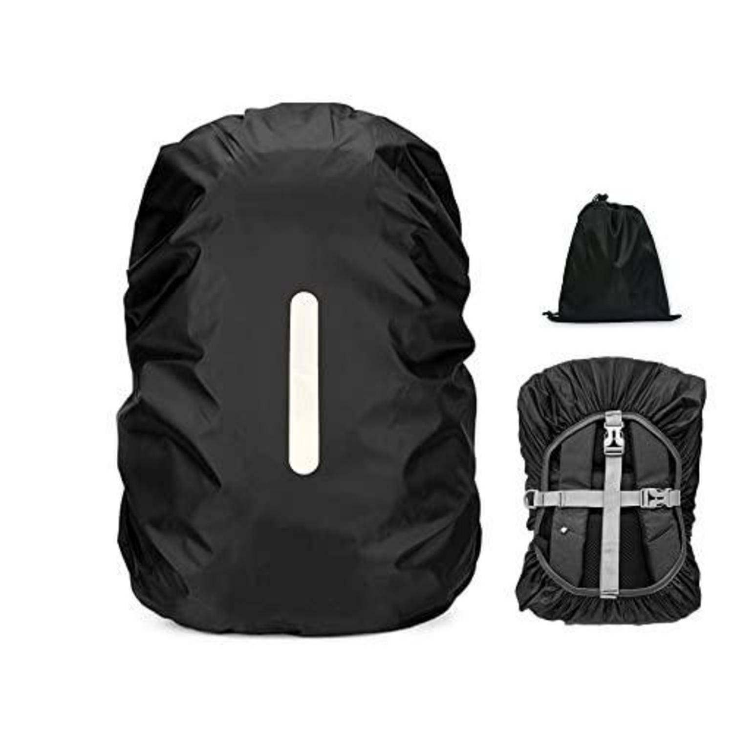 Schwarze wasserdichte Rucksack-Regenschutzhülle mit Reflektorstreifen, gezeigt auf einer Tasche sowie ihre kompakte Aufbewahrungstasche und gefaltete Packansicht.