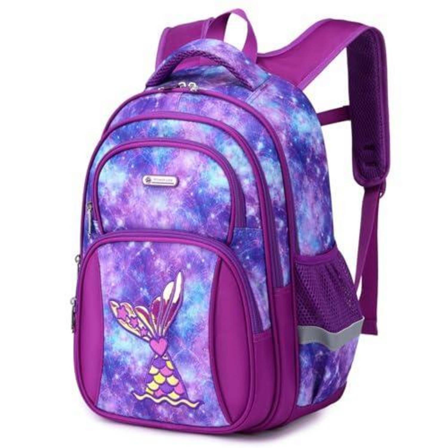 Rucksack mit lila Galaxiemuster und Meerjungfrauen-Design auf der Vorderseite, mit mehreren Reißverschlusstaschen und seitlichen Netzhaltern.