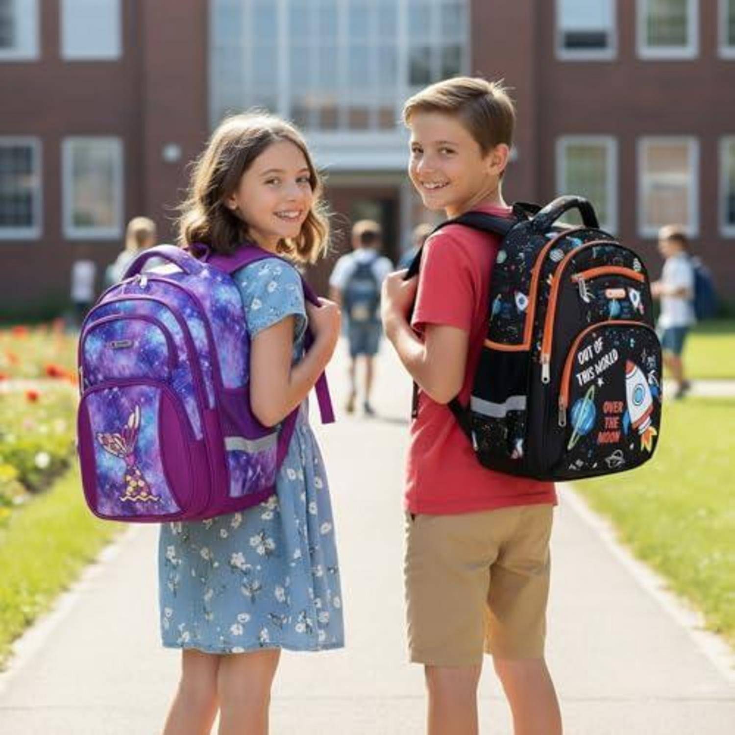 Zwei lächelnde Kinder mit Rucksäcken gehen an einem sonnigen Tag auf dem Gehweg vor einem Backsteingebäude zur Schule.