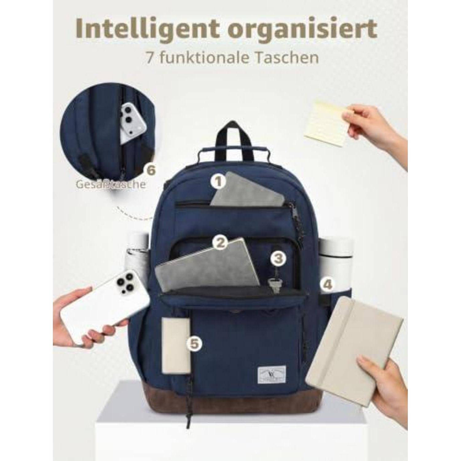 Intelligenter Rucksack mit Navy-Blau-Design mit der Aufschrift „Intelligenter organisiert