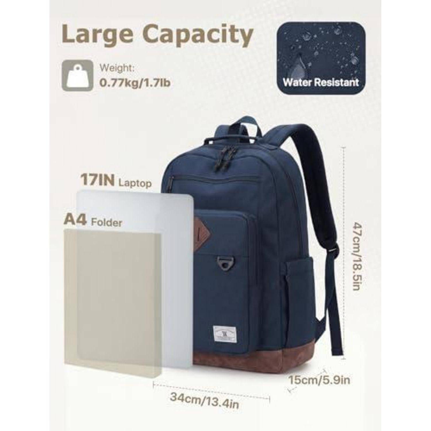Großer Marine-Rucksack mit Größenangaben: passt für einen 17-Zoll-Laptop und A4-Ordner, Maße 47 x 34 x 15 cm, wiegt 0,77 kg und ist wasserbeständig.