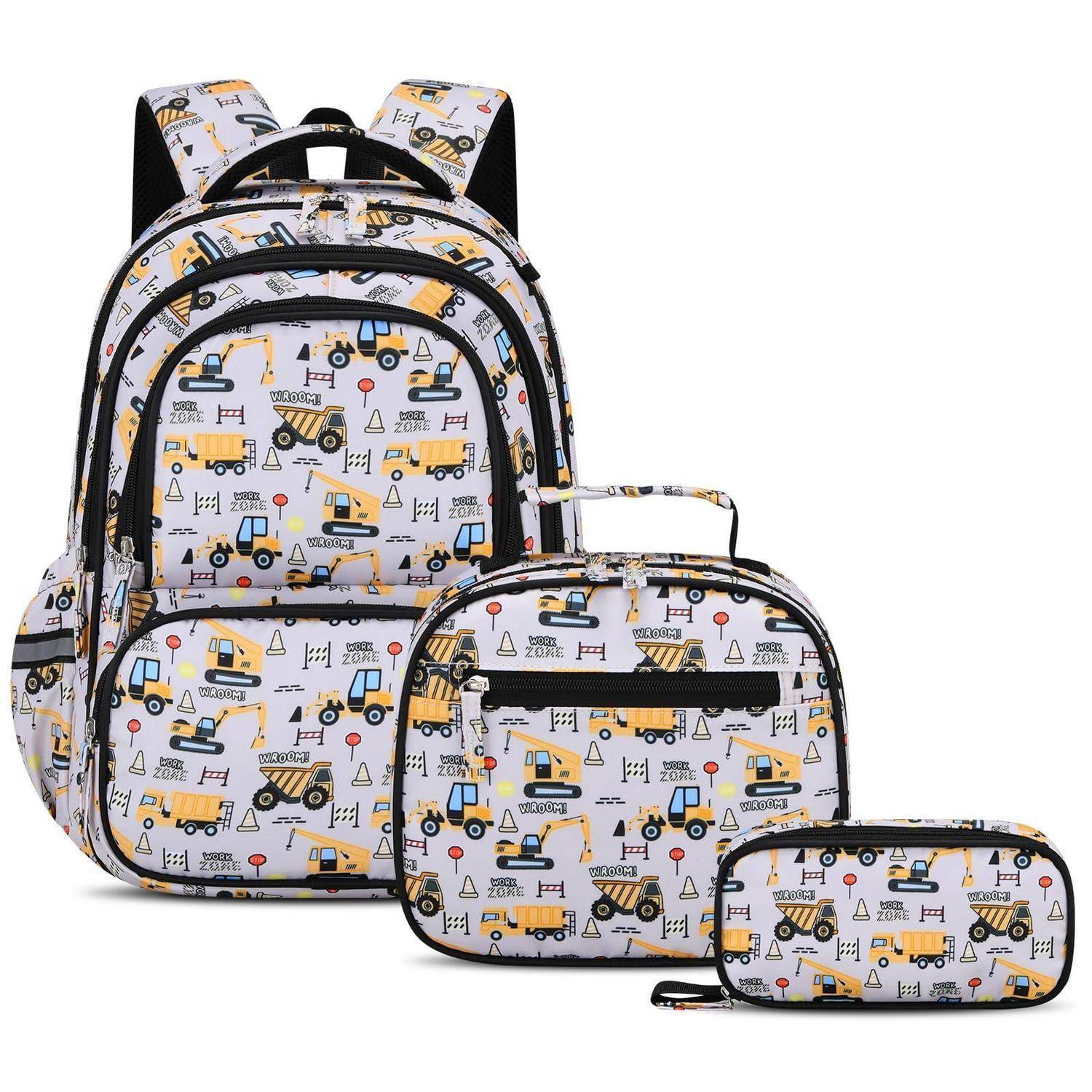Dreiteiliges Schulranzen-Set mit Baustellen-Fahrzeug-Druck: Rucksack, Lunchbox und Federmäppchen.