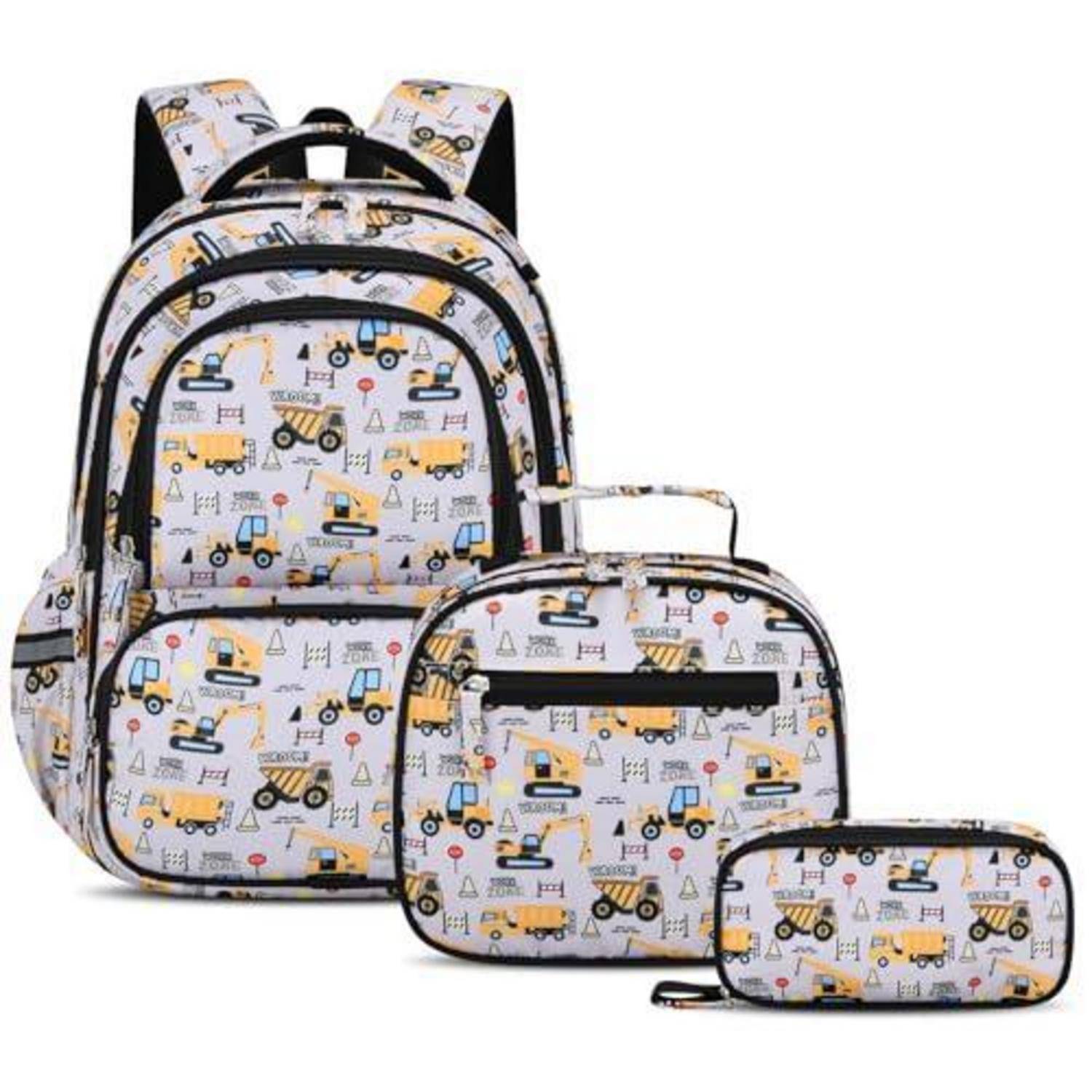 Kinderrucksack-Set mit passendem Lunchbeutel und Federmäppchen, bedruckt mit Baufahrzeugen auf weißem Hintergrund.